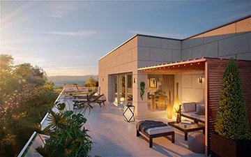 3D terrace perspective in a sunset mood for real estate development