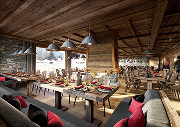 3D interior visualization of a chalet-hotel restaurant