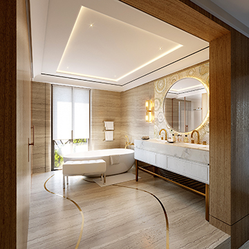 Luxurious bathroom of a high-end villa in 3D perspective 
