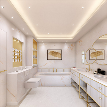 3D interior perspective of a luxurious bathroom in a villa
