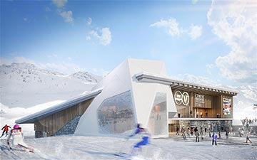 3D exterior visualization of a sports centre in an Alpine landscape - Valentinstudio