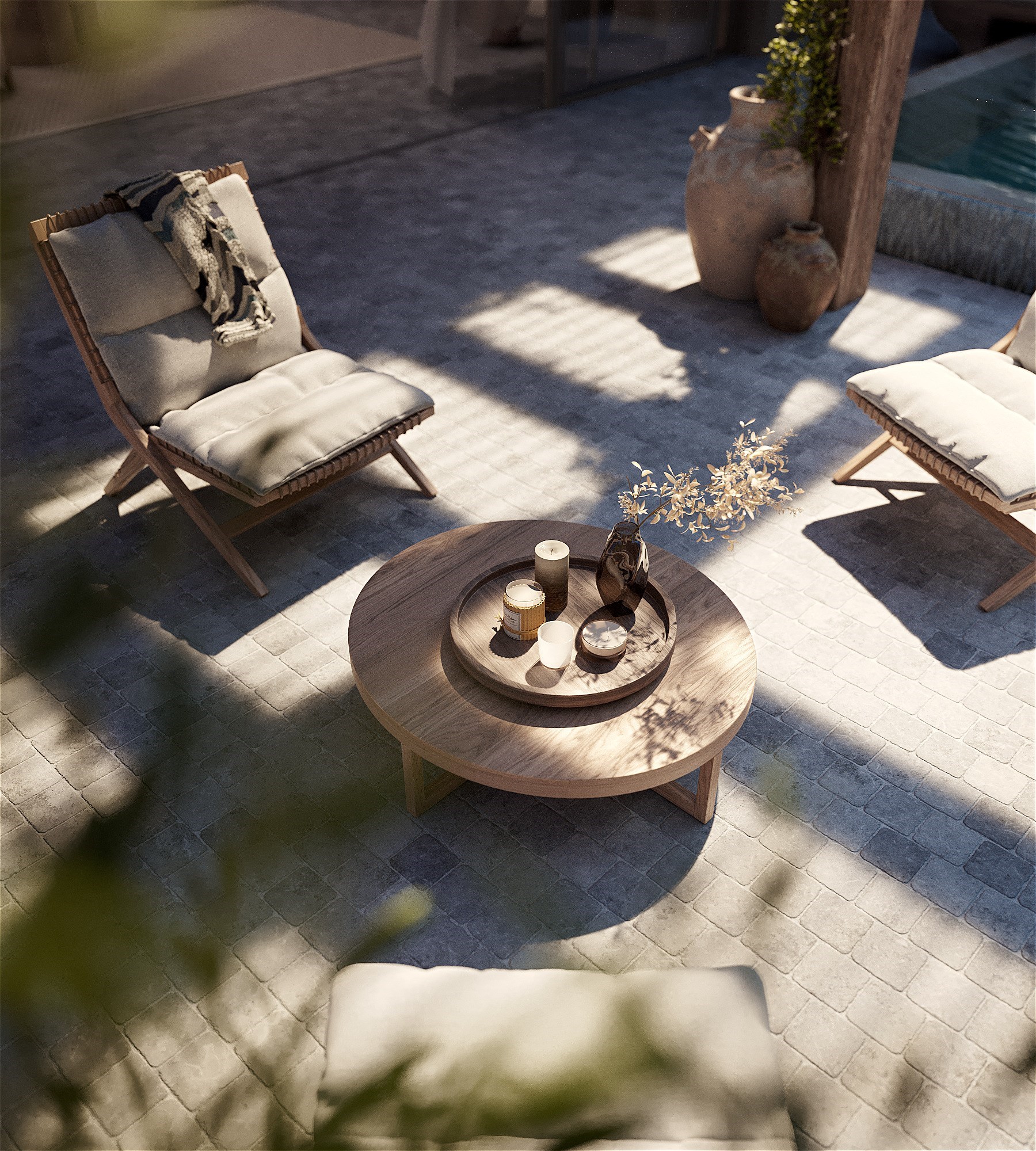 Close-up 3D de la terrasse d'une villa de luxe dans la baie de Cannes, avec piscine à débordement