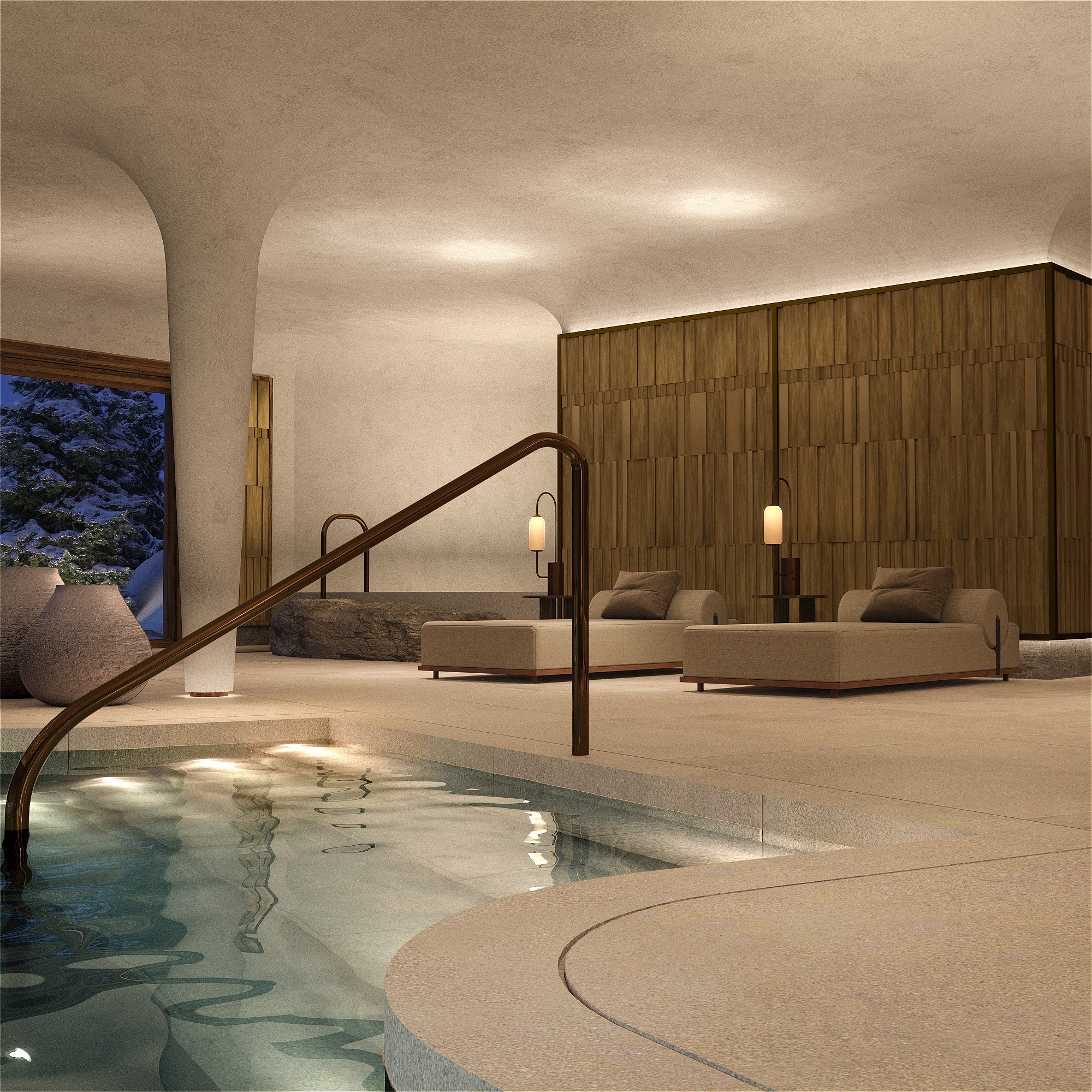Close-up 3d de la piscine intérieure d'une résidence haut de gamme à Courchevel