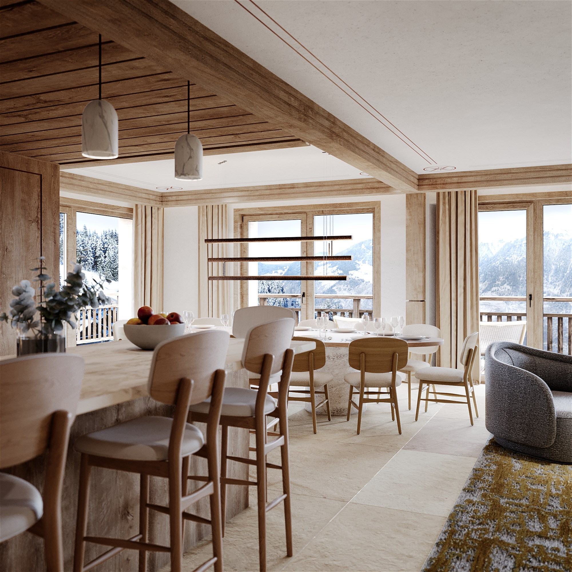 Close-up 3D de la cuisine d'un appartement d'exception dans la résidence Antarès Courchevel