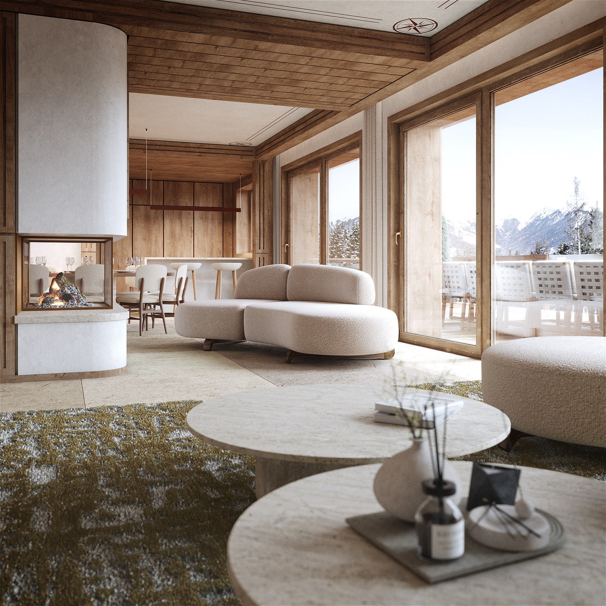 Close-up 3D du séjour avec vue d'un appartement d'exception dans la résidence Antarès Courchevel