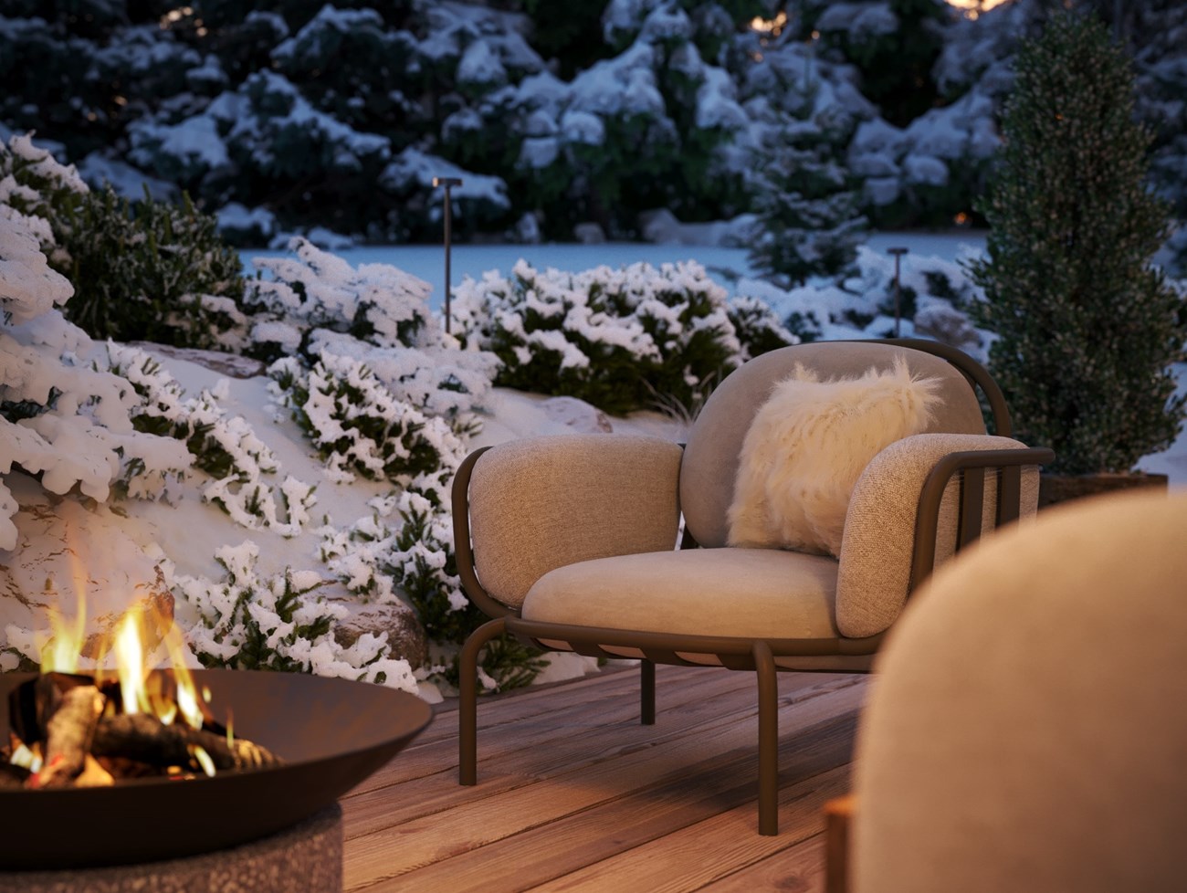 Close-up d'une terrasse avec brasero, d'un appartement d'exception au centre de Megève