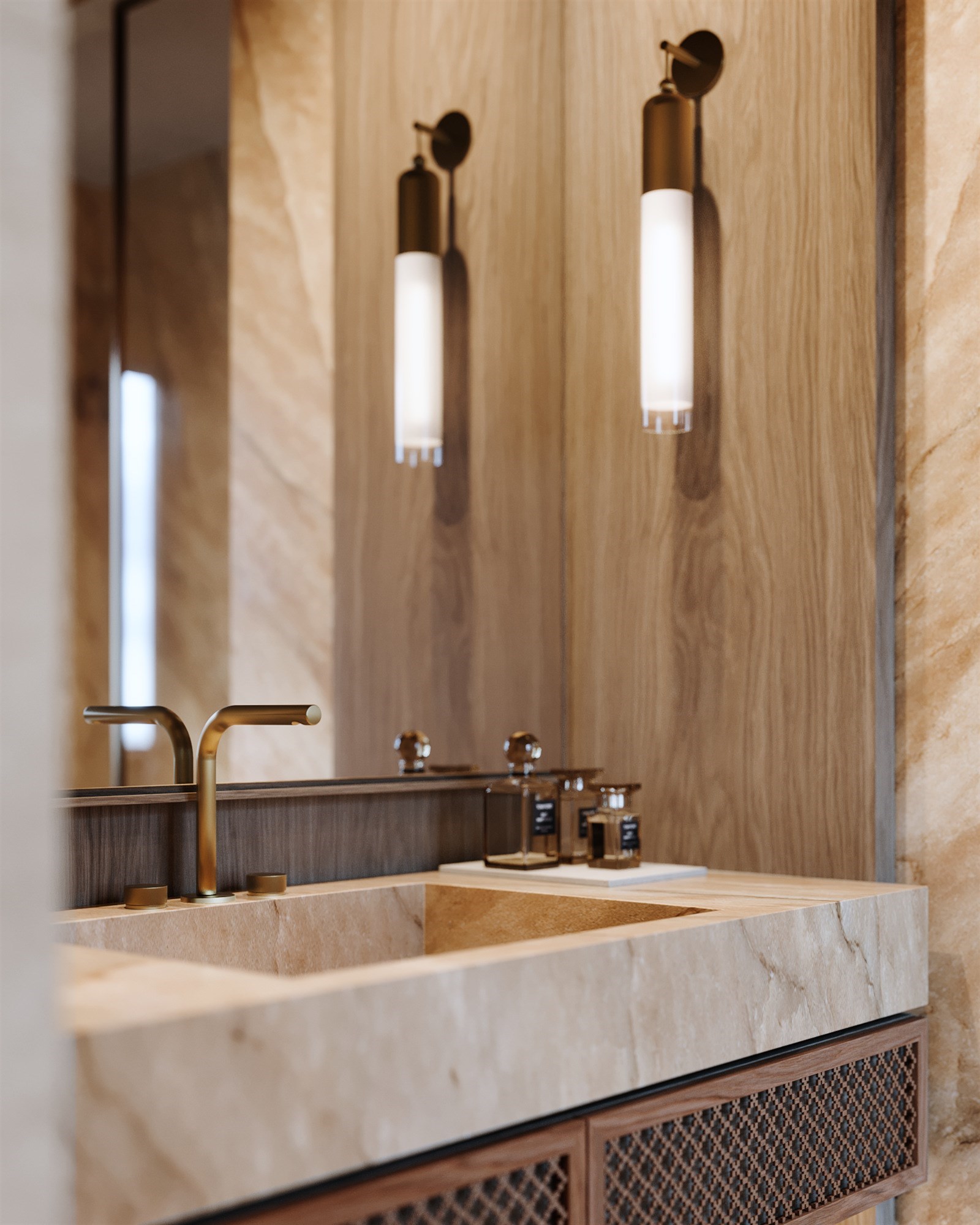 Close-up 3D sur la matérialité d'une salle de bain master d'un appartement d'exception à Courchevel 1850