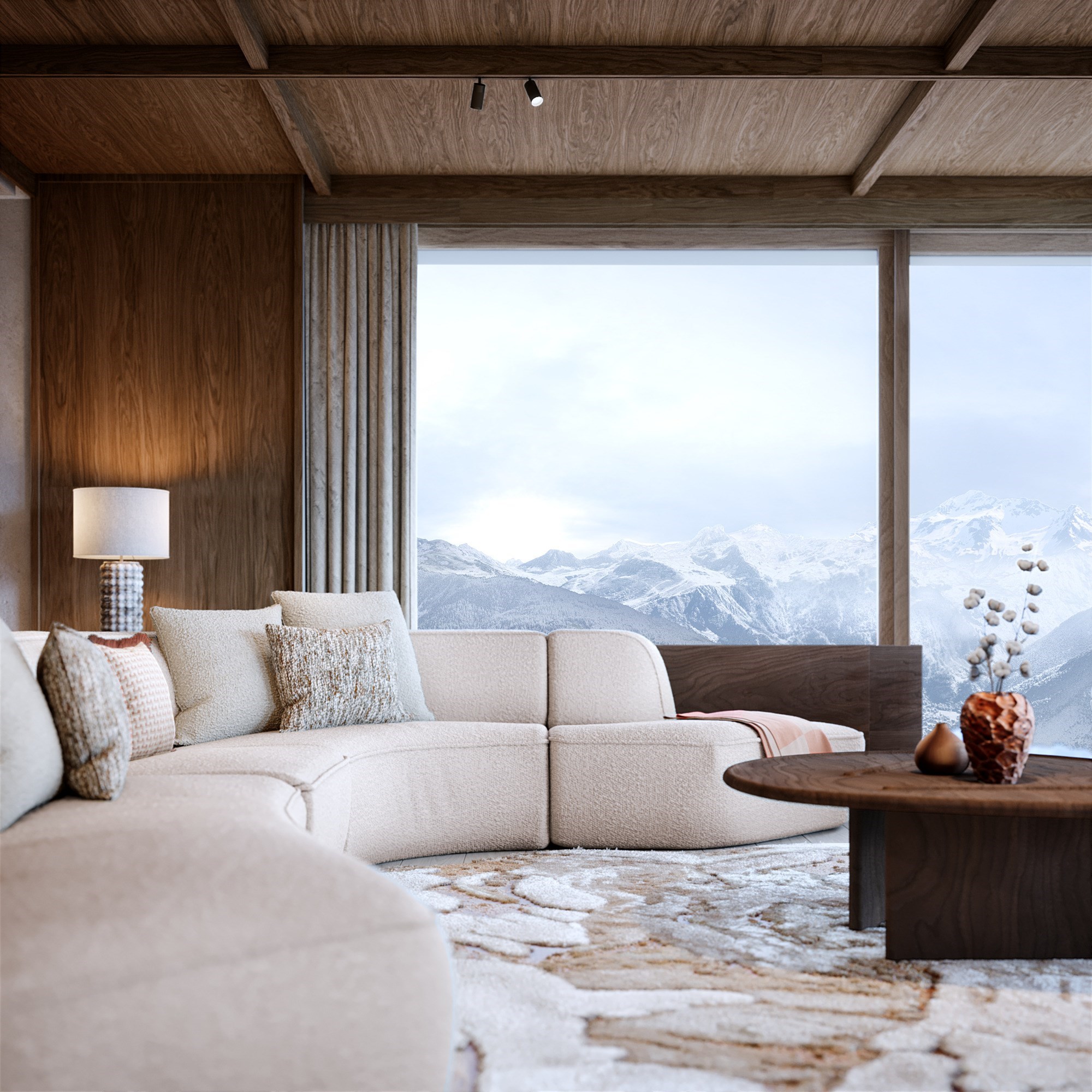 Close-up 3D sur le canapé d'un séjour avec vue sur les sommets, dans un appartement d'exception d'un hôtel résidence, à Courchevel 1850