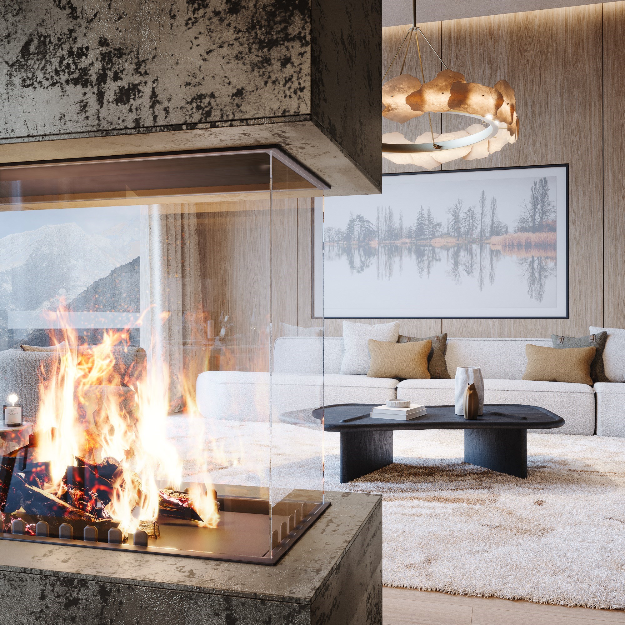 Close-up sur la cheminée du salon d'un appartement d'exception avec vue sur les sommets, d'une résidence à Courchevel 1850