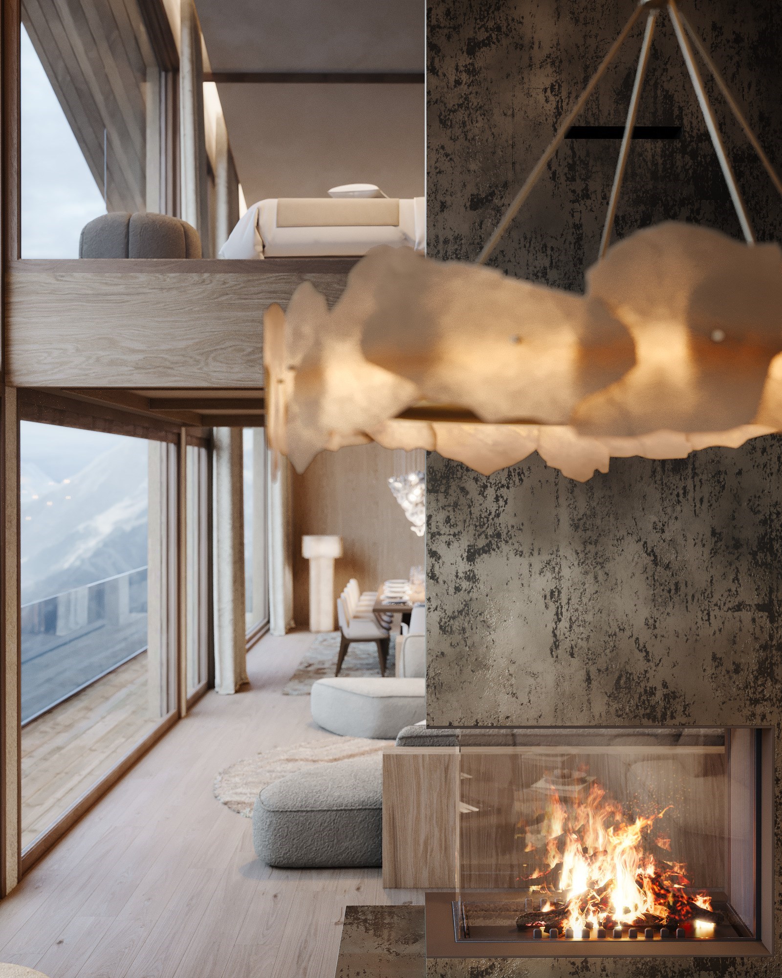Close-up 3D du séjour avec cheminée majestueuse, grandes ouvertures sur la montagne et luminaire en albâtre, d'un hôtel-résidence de luxe à Courchevel
