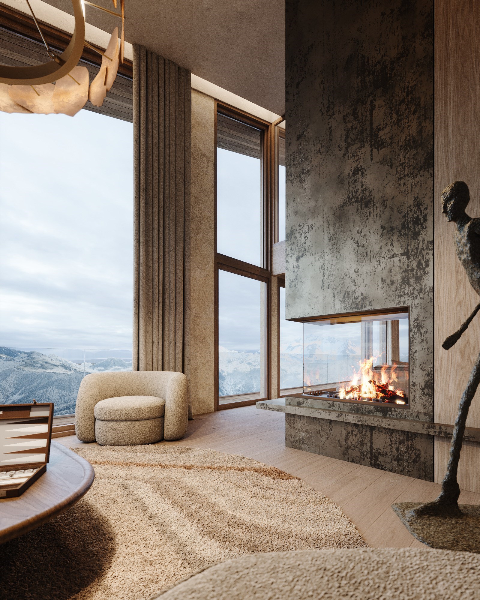 Close up du séjour avec cheminée, d'un appartement d'exception, avec vue sur les sommets enneigés, d'un hôtel-résidence à Courchevel 1850
