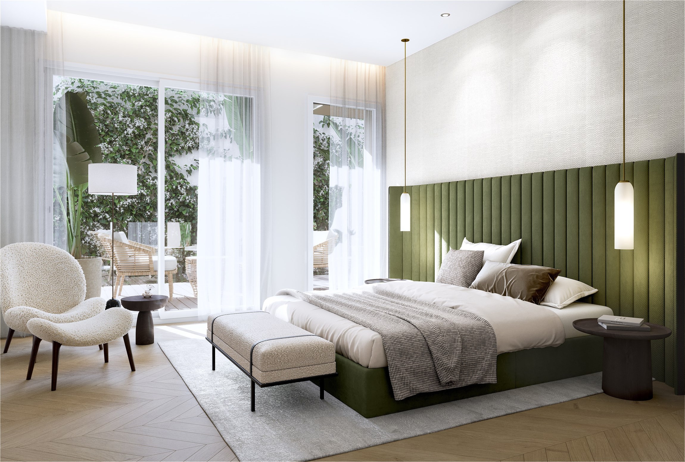 Perspective 3d de la suite master d'un appartement d'exception en rez-de-chaussée au Faubourg Saint-Honoré, à Paris