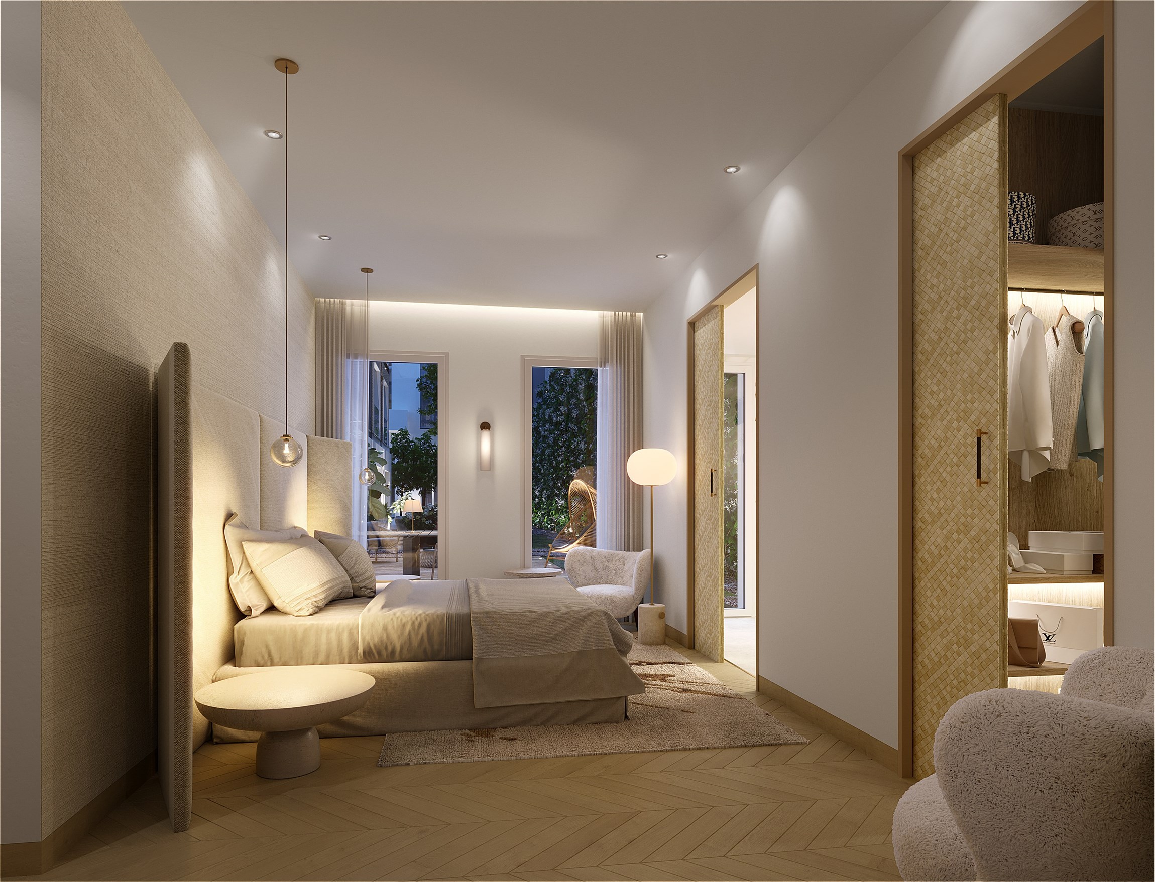 Perspective 3d de la chambre master d'un appartement d'exception au Faubourg Saint-Honoré, à ParisPerspective 3d de la chambre master fin de journée d'un appartement d'exception au Faubourg Saint-Honoré, à Paris