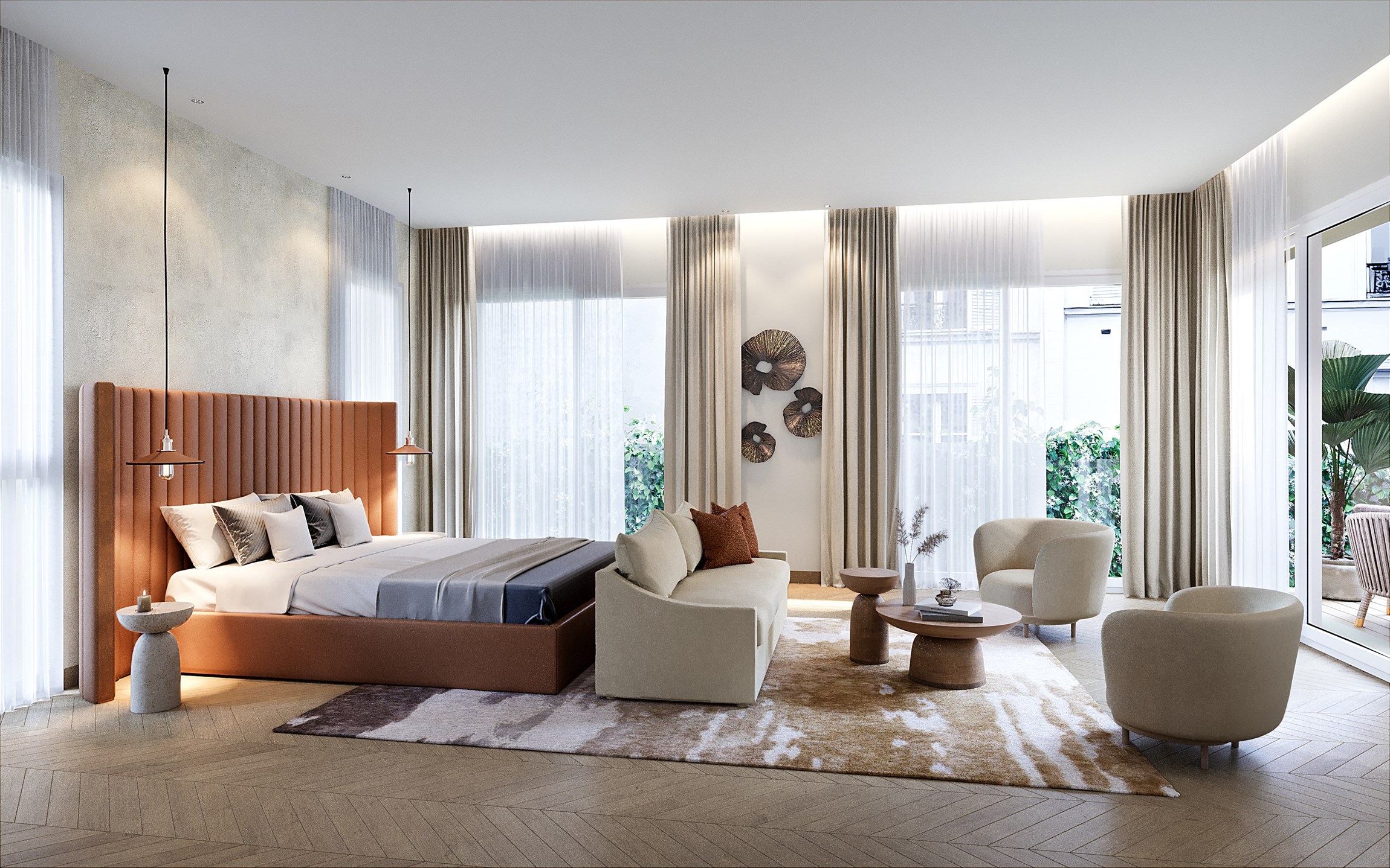 Perspective 3d de la chambre master d'un appartement d'exception au Faubourg Saint-Honoré, à Paris