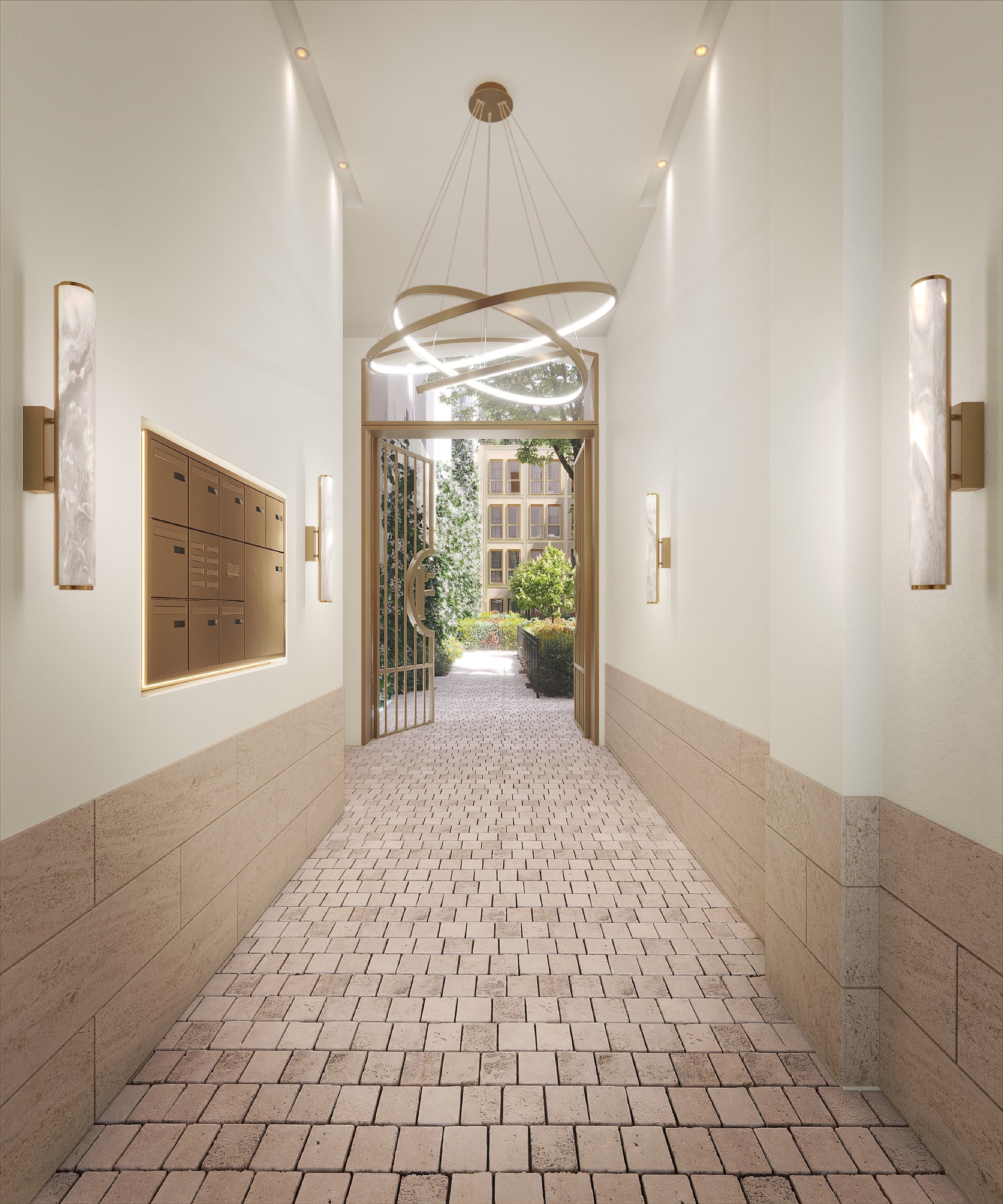 Perspective 3d de l'entrée d'un appartement d'exception au Faubourg Saint-Honoré, à Paris