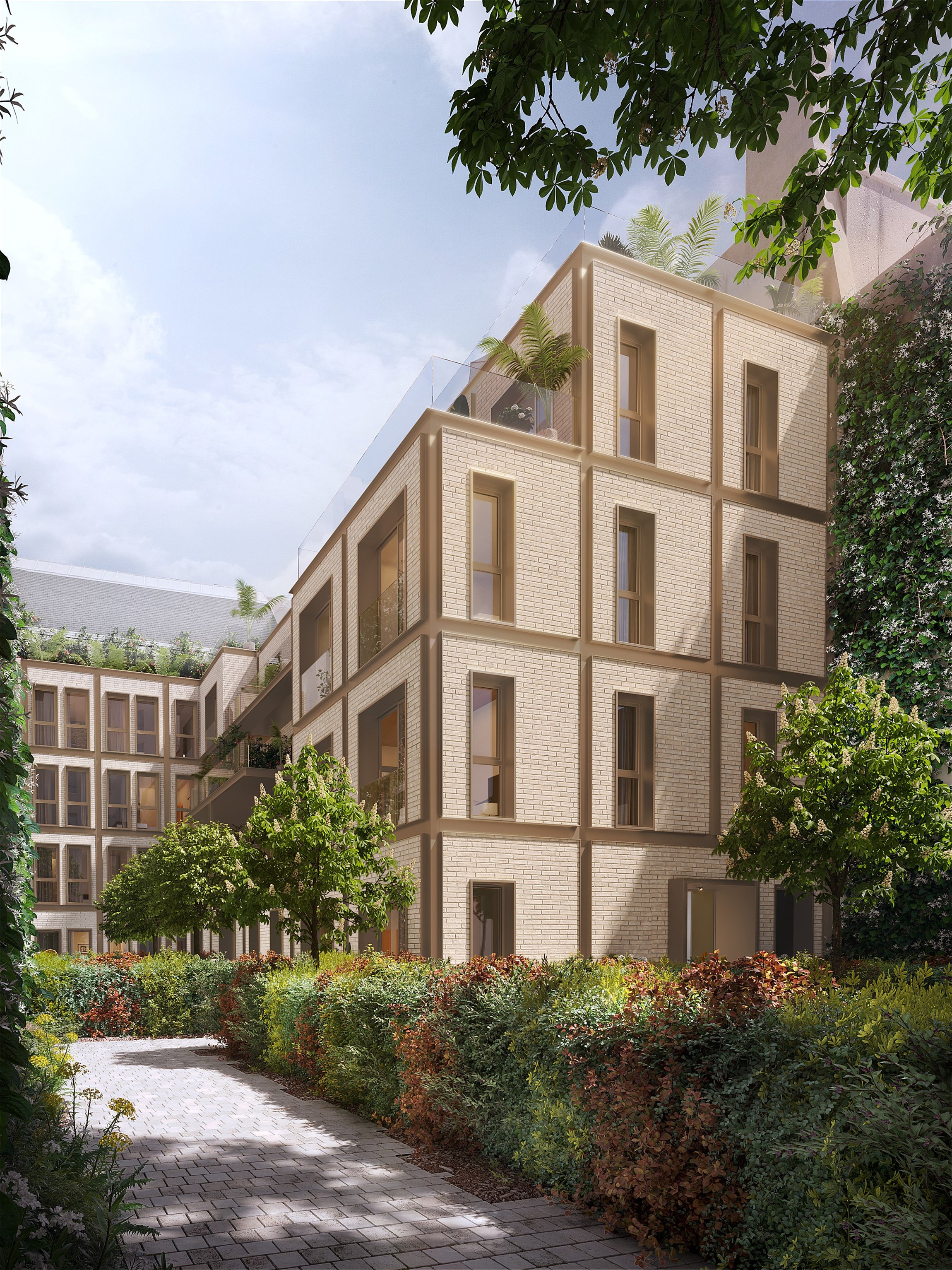 Perspective 3d de la terrasse en fin de journée d'un appartement d'exception au Faubourg Saint-Honoré, à Paris