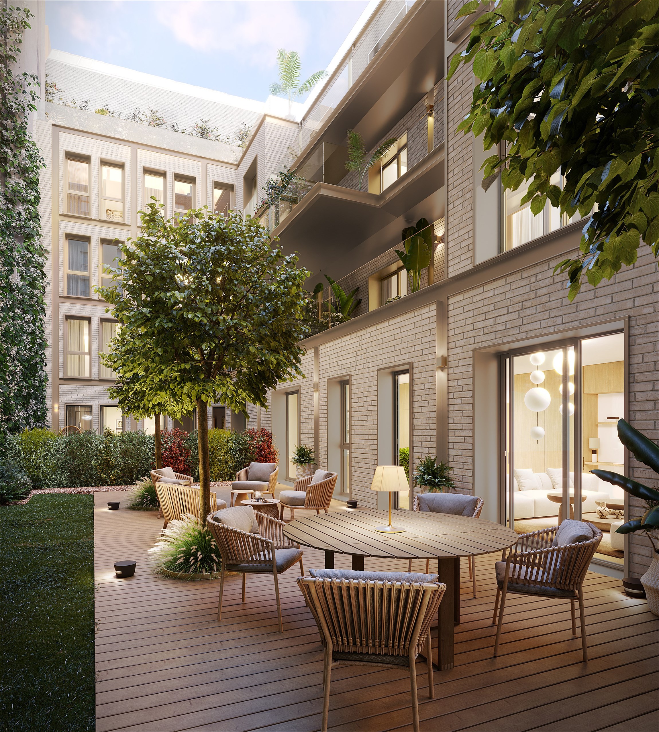 Perspective 3d de la terrasse en fin de journée d'une résidence d'exception au Faubourg Saint-Honoré, à Paris