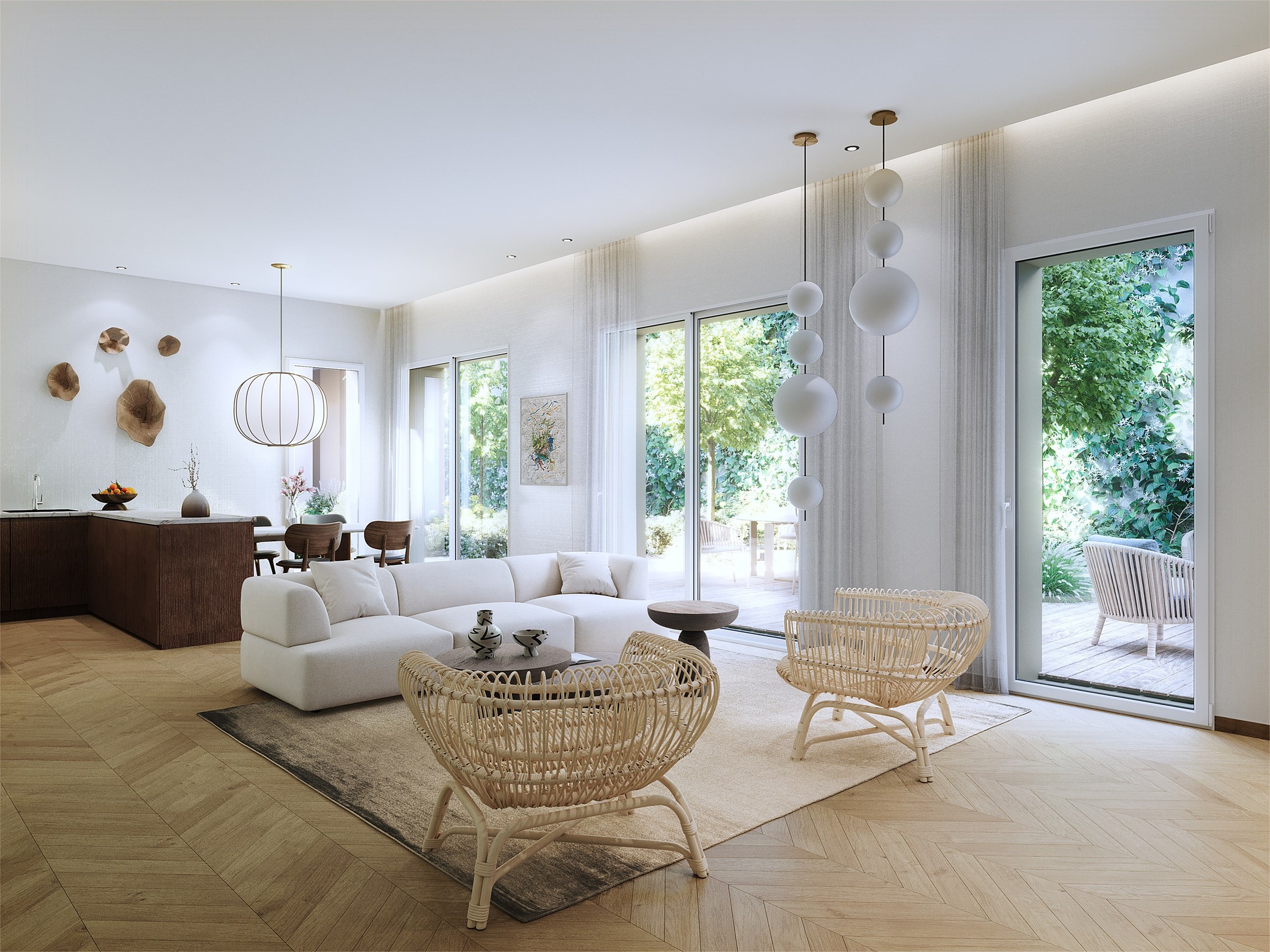 Perspective 3d du séjour d'un appartement d'exception en rez-de-chaussée au Faubourg Saint-Honoré, à Paris
