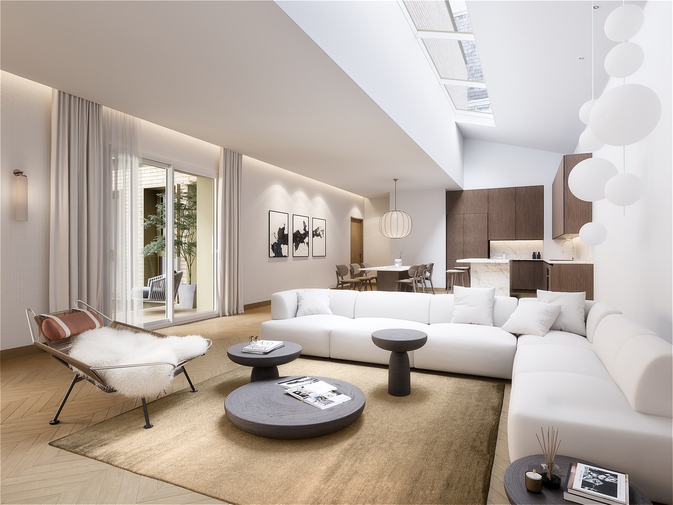 Perspective 3d d'une pièce à vivre d'un appartement d'exception en étage au Faubourg Saint-Honoré, à Paris