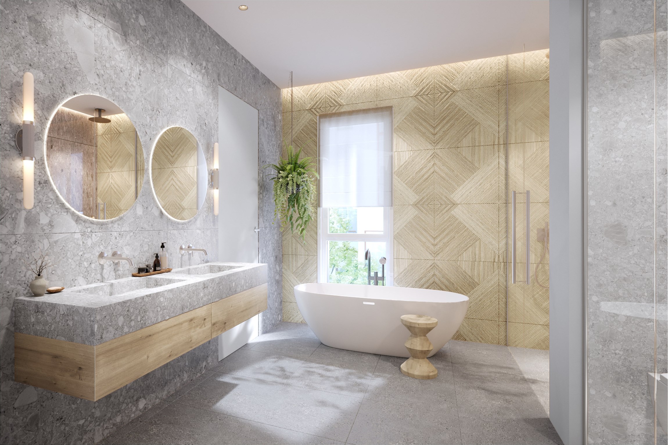 Perspective 3d d'une salle de bain d'un appartement d'exception au Faubourg Saint-Honoré, à Paris