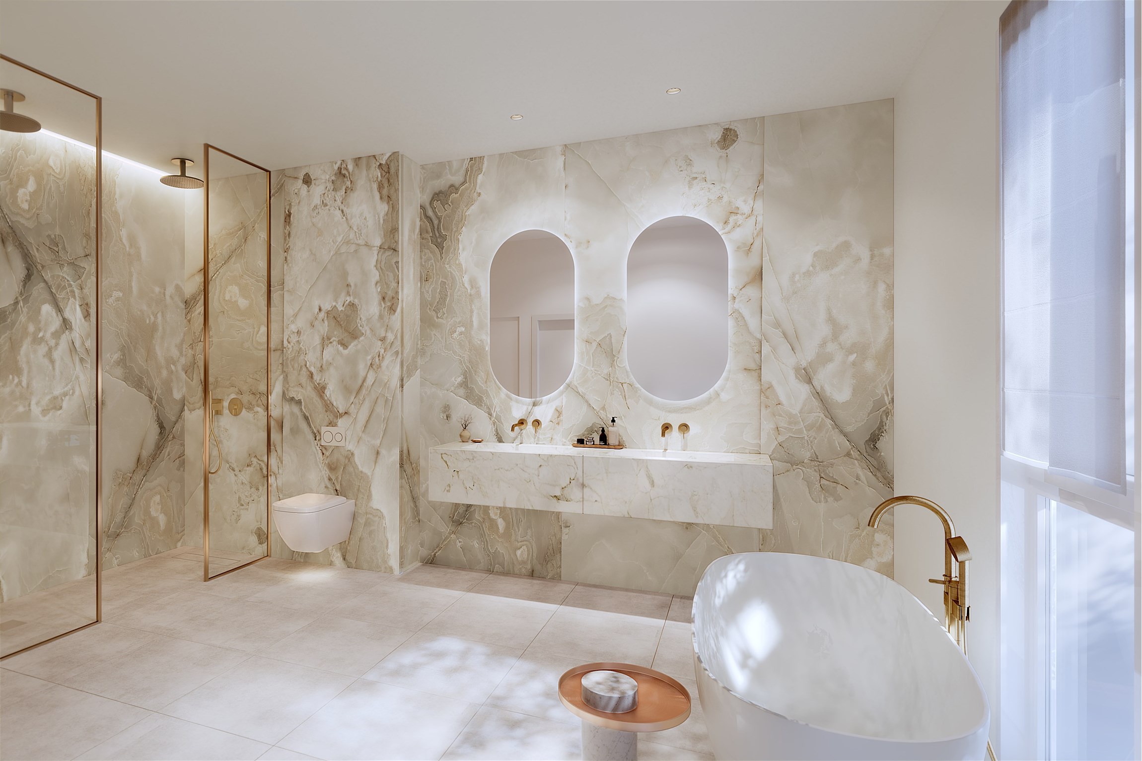Perspective 3d d'une salle de bain master d'un appartement d'exception au Faubourg Saint-Honoré, à Paris