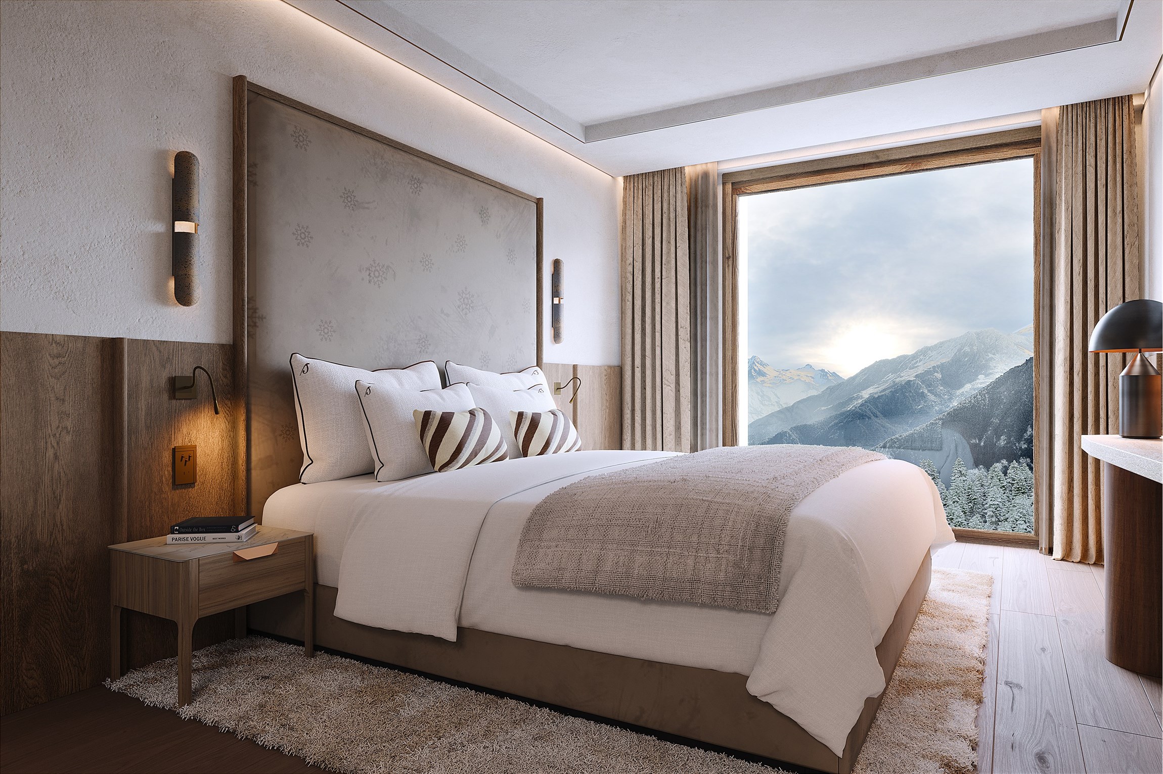 Perspective 3D d'une chambre master avec vue, d'un appartement d'exception d'un hôtel résidence à Courchevel 1850