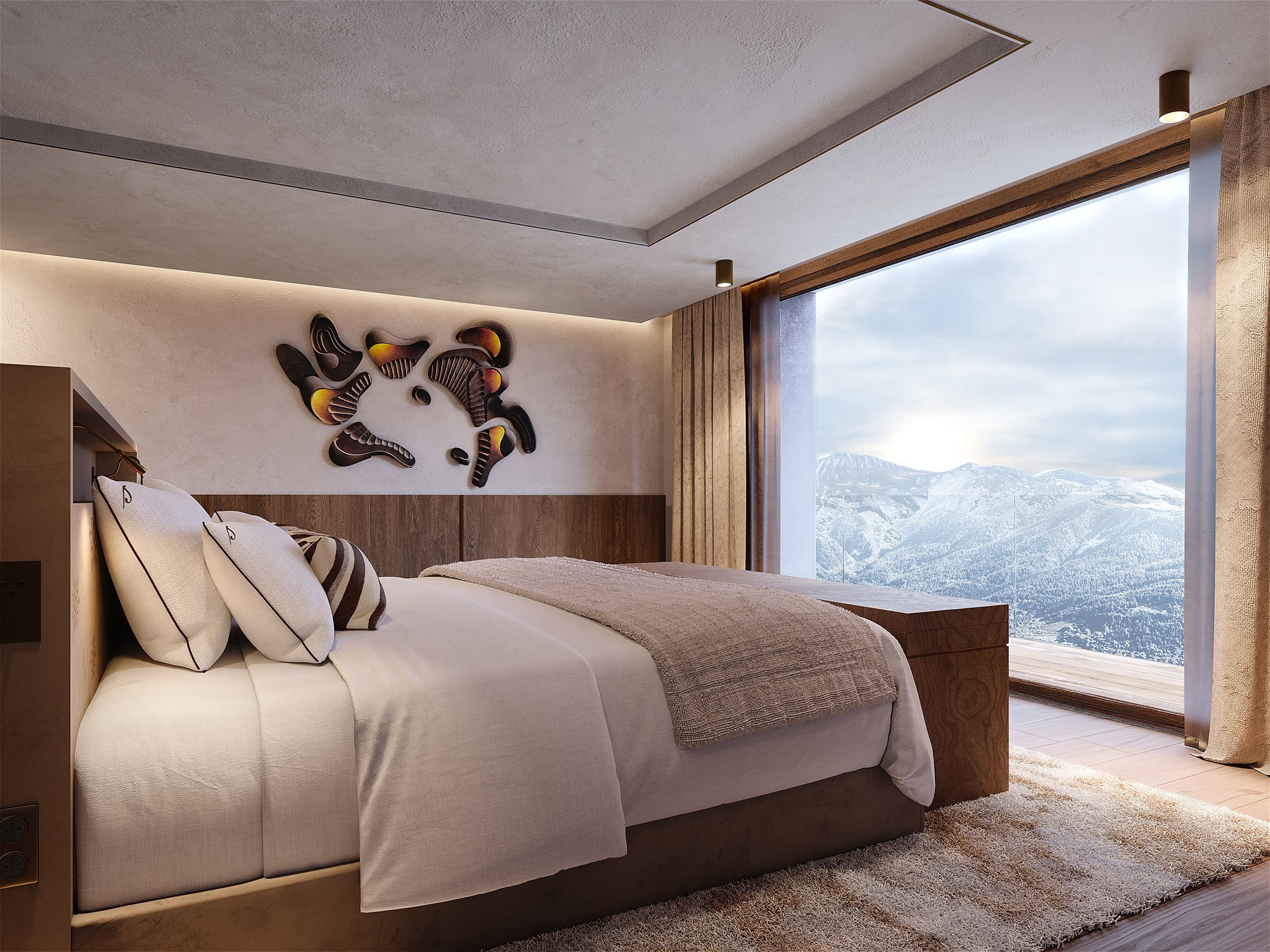 Perspective 3D d'une chambre avec vue, d'un appartement d'exception d'un hôtel résidence à Courchevel 1850