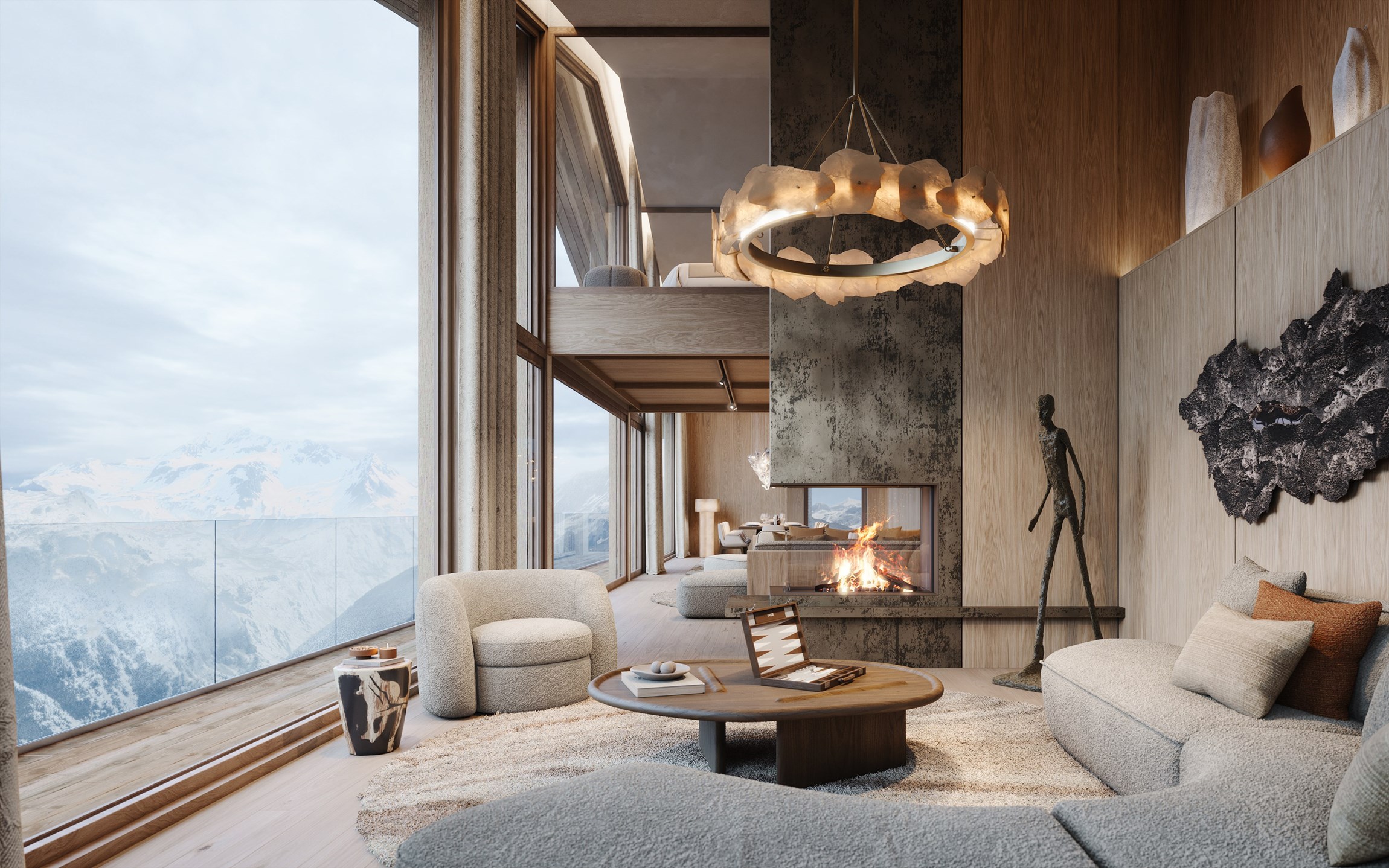 Perspective 3D du double salon avec cheminée et vue sur les sommets enneigés d'un appartement d'exception dans un hôtel résidence, à Courchevel 1850