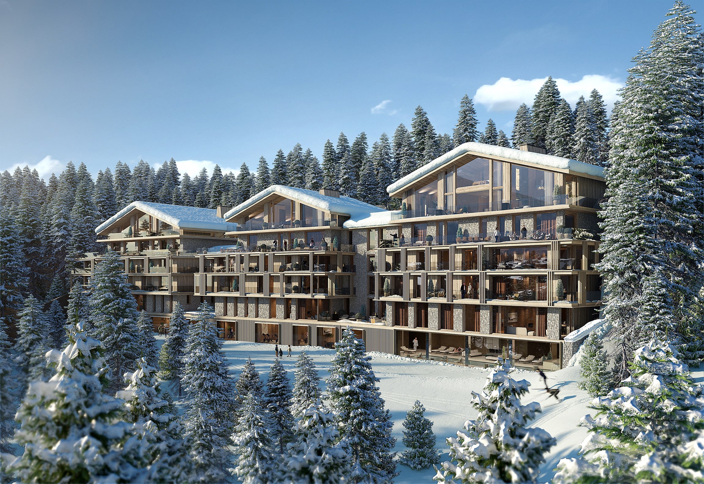 Perspective 3D de l'extérieur enneigé d'un hôtel résidence d'exception, ski in - ski out, à Courchevel 1850 
