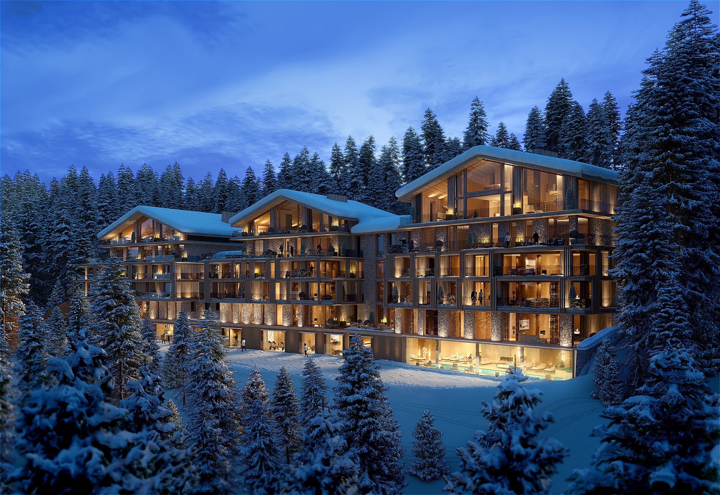 Perspective 3D d'une fin de journée de l'extérieur enneigé, d'un hôtel résidence d'exception, ski in - ski out, à Courchevel 1850 
