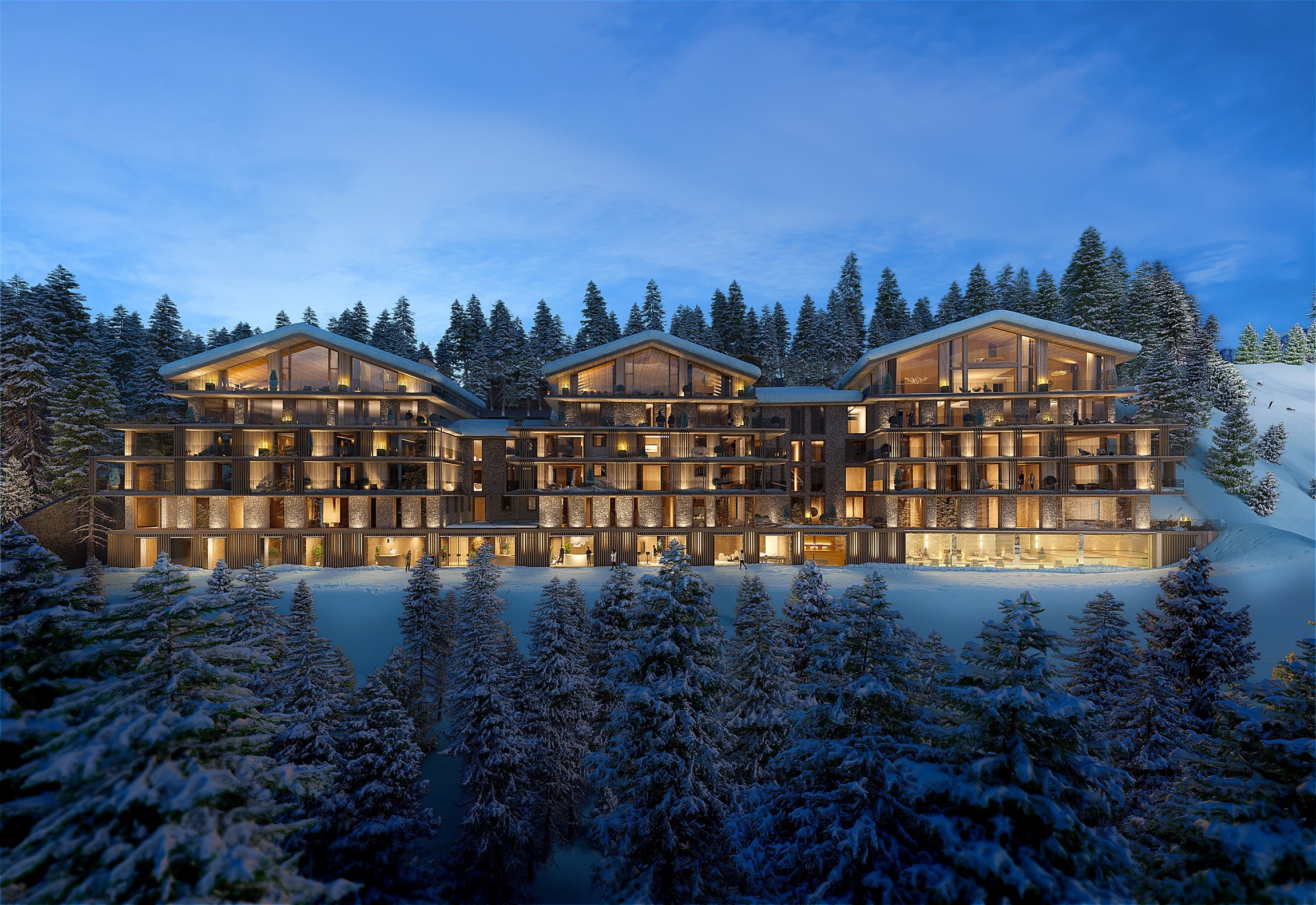 Perspective 3D de l'extérieur enneigé, ambiance fin de journée, d'un hôtel résidence d'exception à Courchevel 1850