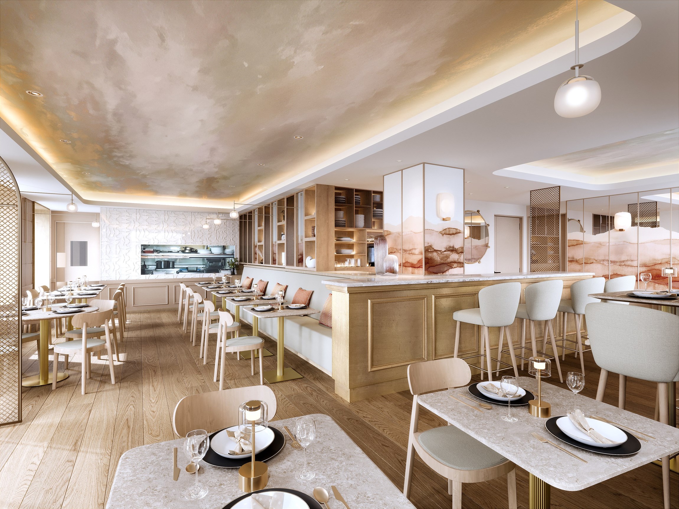Perspective 3D de la salle de restaurant avec bar d'un hôtel de luxe mythique de la Côte d'Azur