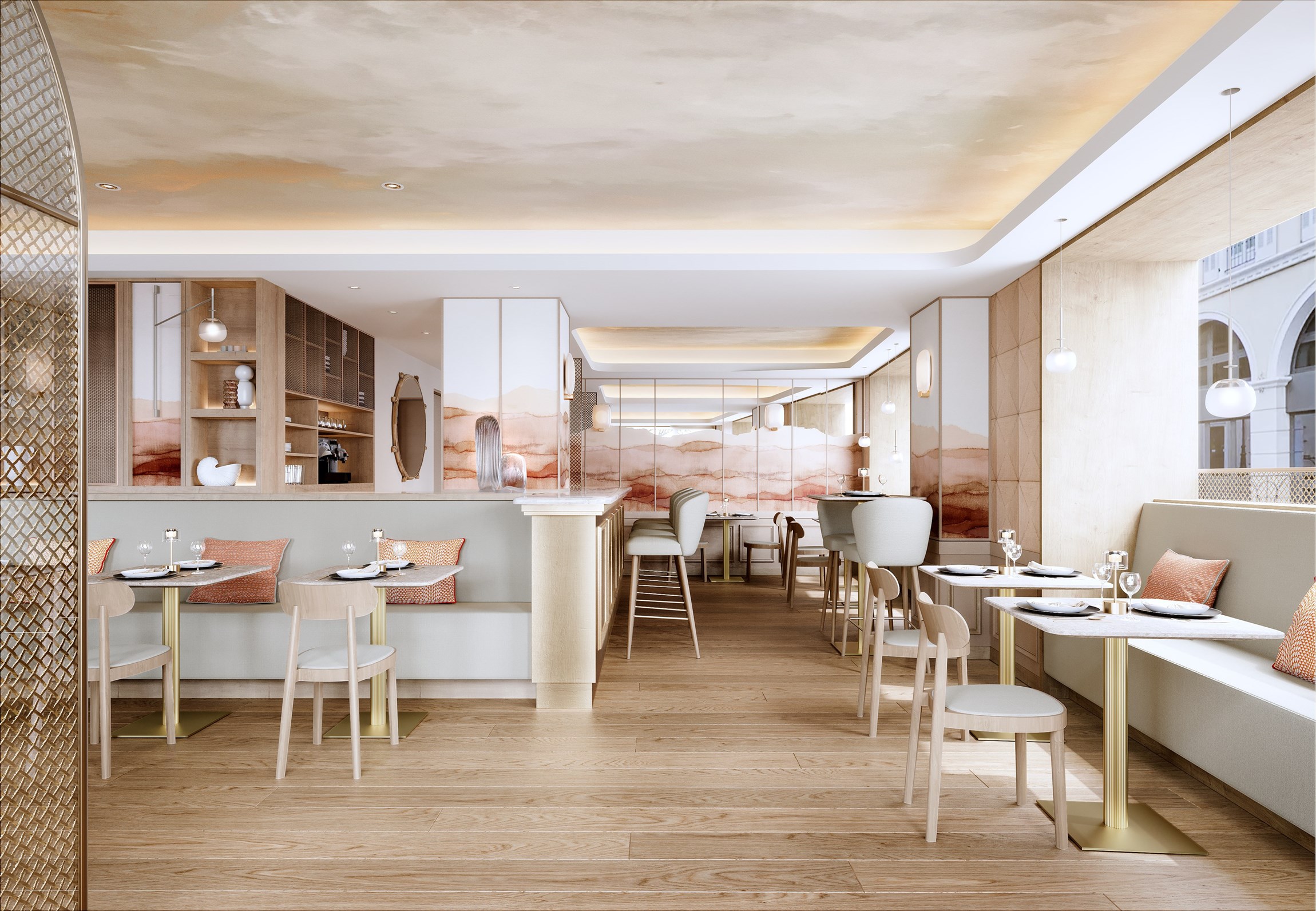 Perspective 3D de la salle de restaurant d'un hôtel de luxe mythique de la Côte d'Azur 