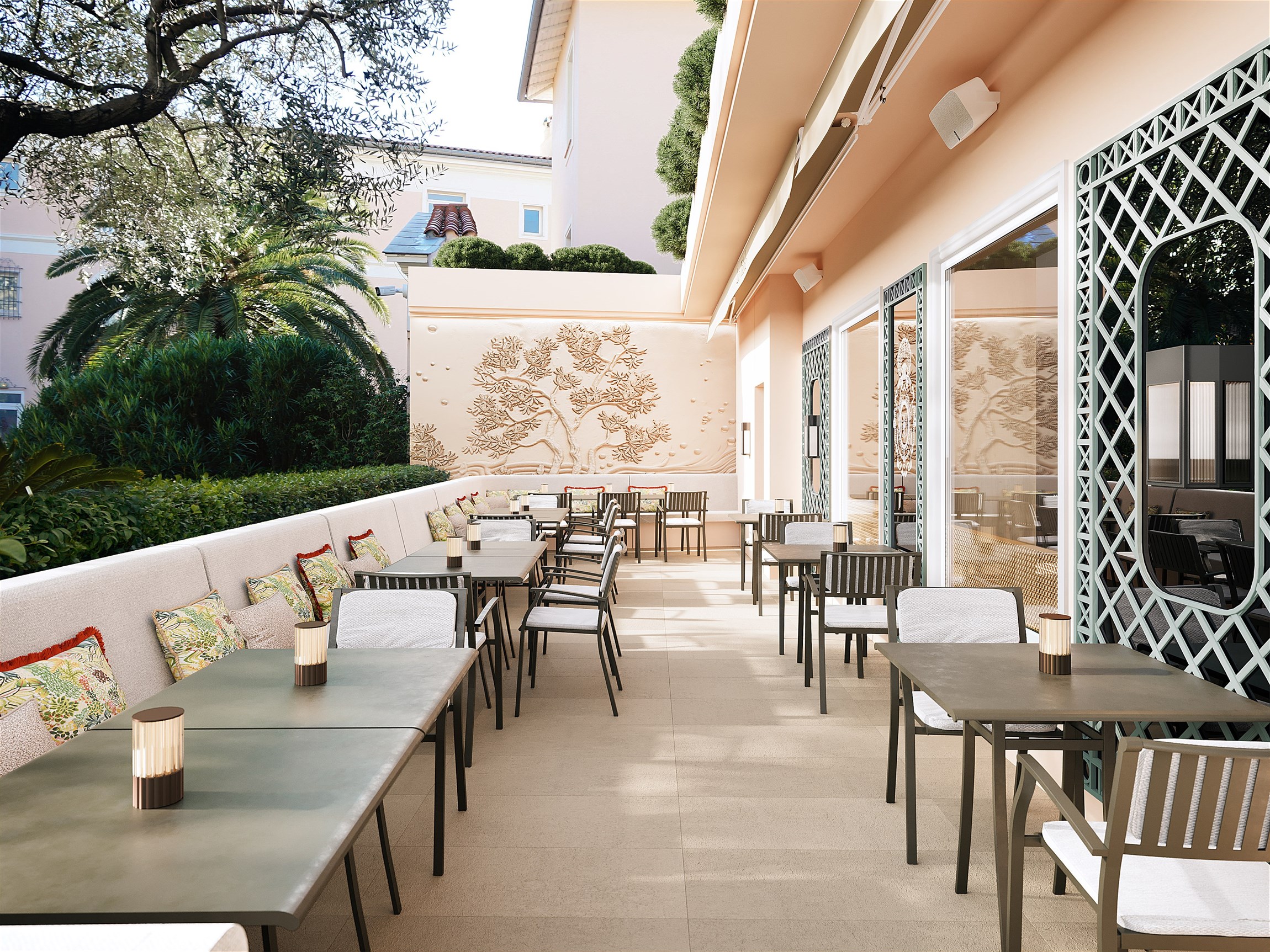 Perspective 3D de la terrasse extérieure du restaurant d'un hôtel de luxe mythique de la Côte d'Azur