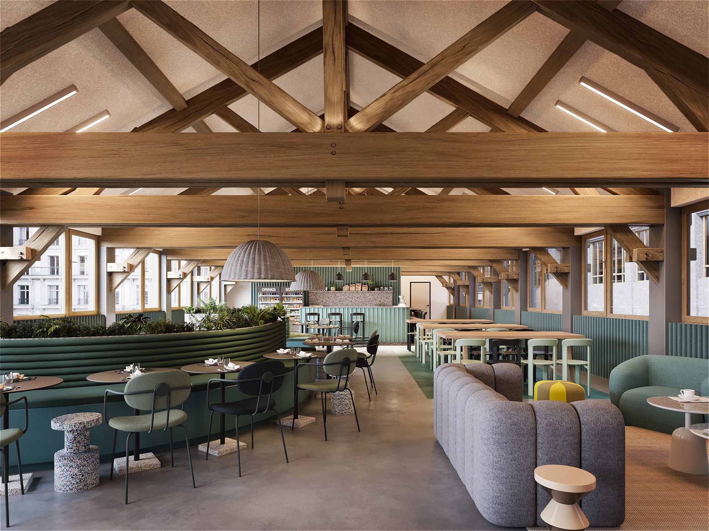 Perspective 3D de la salle de restauration d'un tiers-lieu situé dans une le 10e arrondissement de Paris, d'un immeuble réhabilité, rue Lafayette