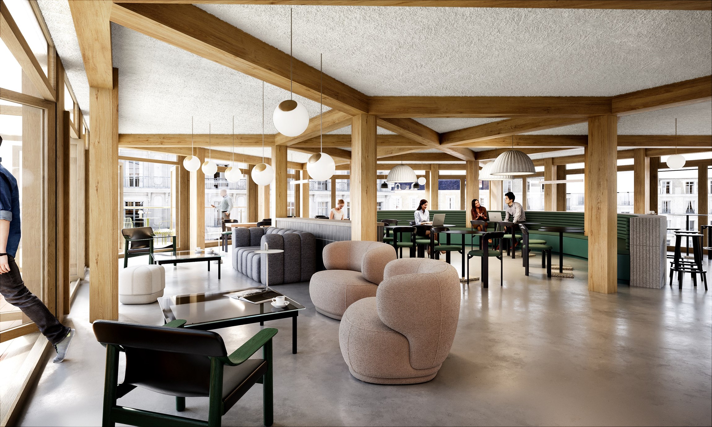 Perspective 3D de l'espace café co-working d'un tiers-lieu situé dans une le 10e arrondissement de Paris, d'un immeuble réhabilité, rue Lafayette