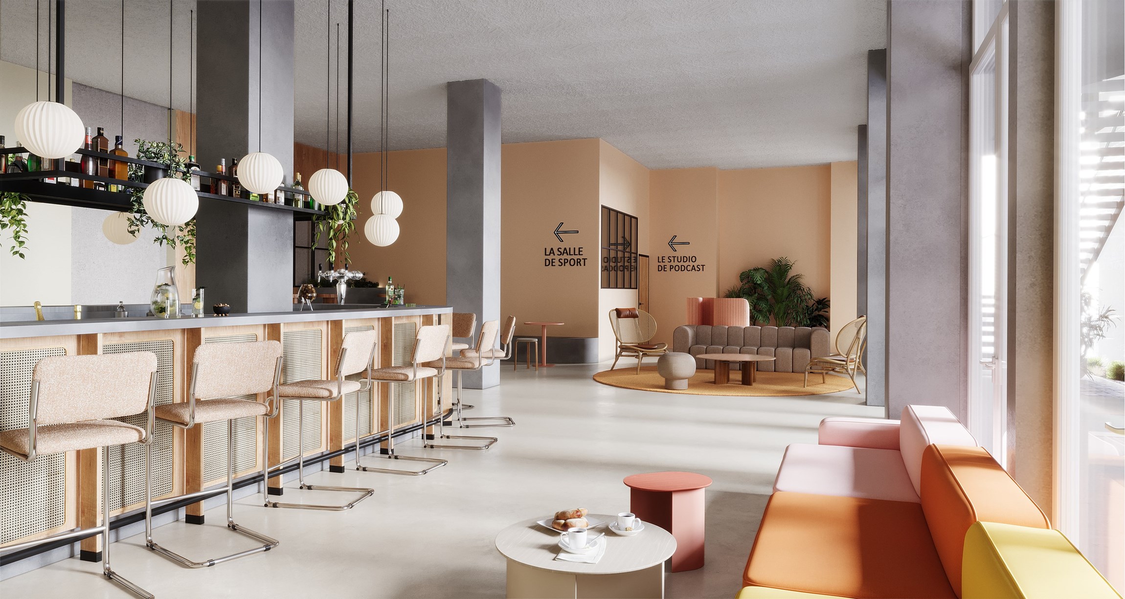 Perspective 3D du bar-café accueil d'un co-working situé dans une le 10e arrondissement de Paris, d'un immeuble réhabilité, rue Lafayette