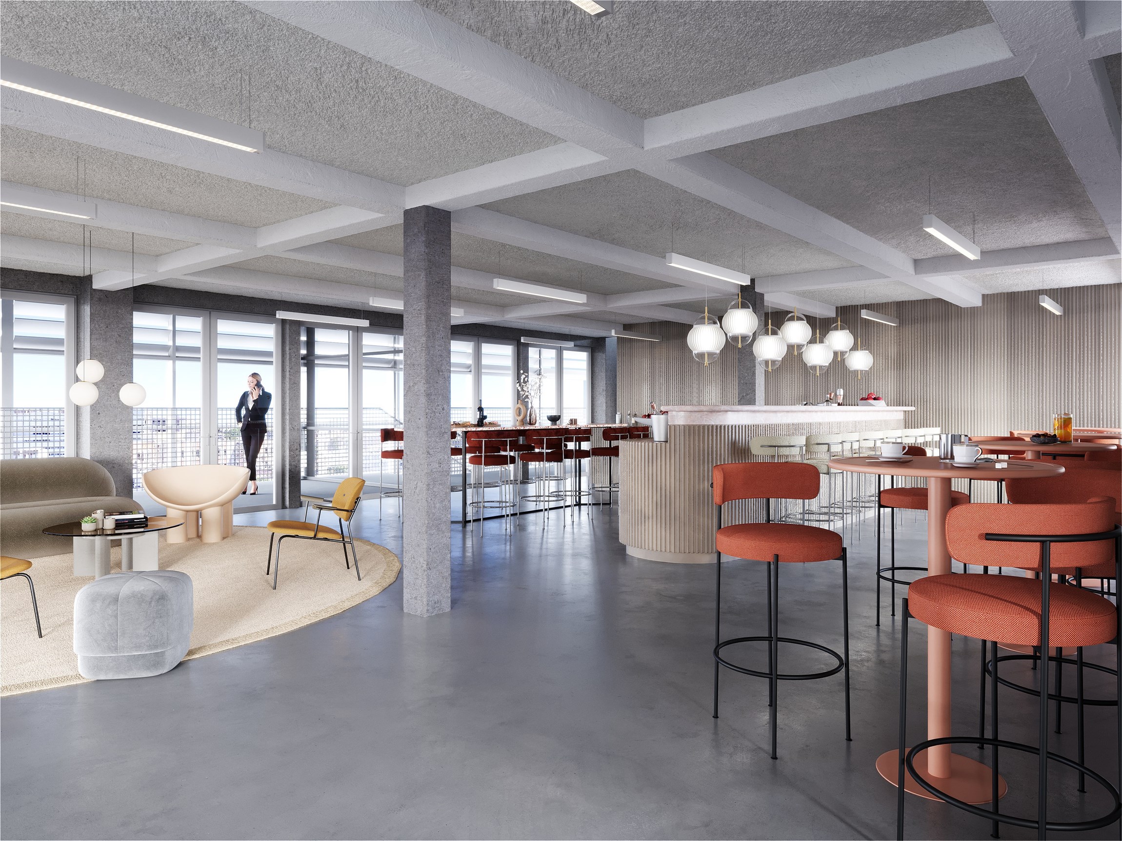 Perspective 3D du bar privé d'un co-working situé dans une le 10e arrondissement de Paris, d'un immeuble réhabilité, rue Lafayette