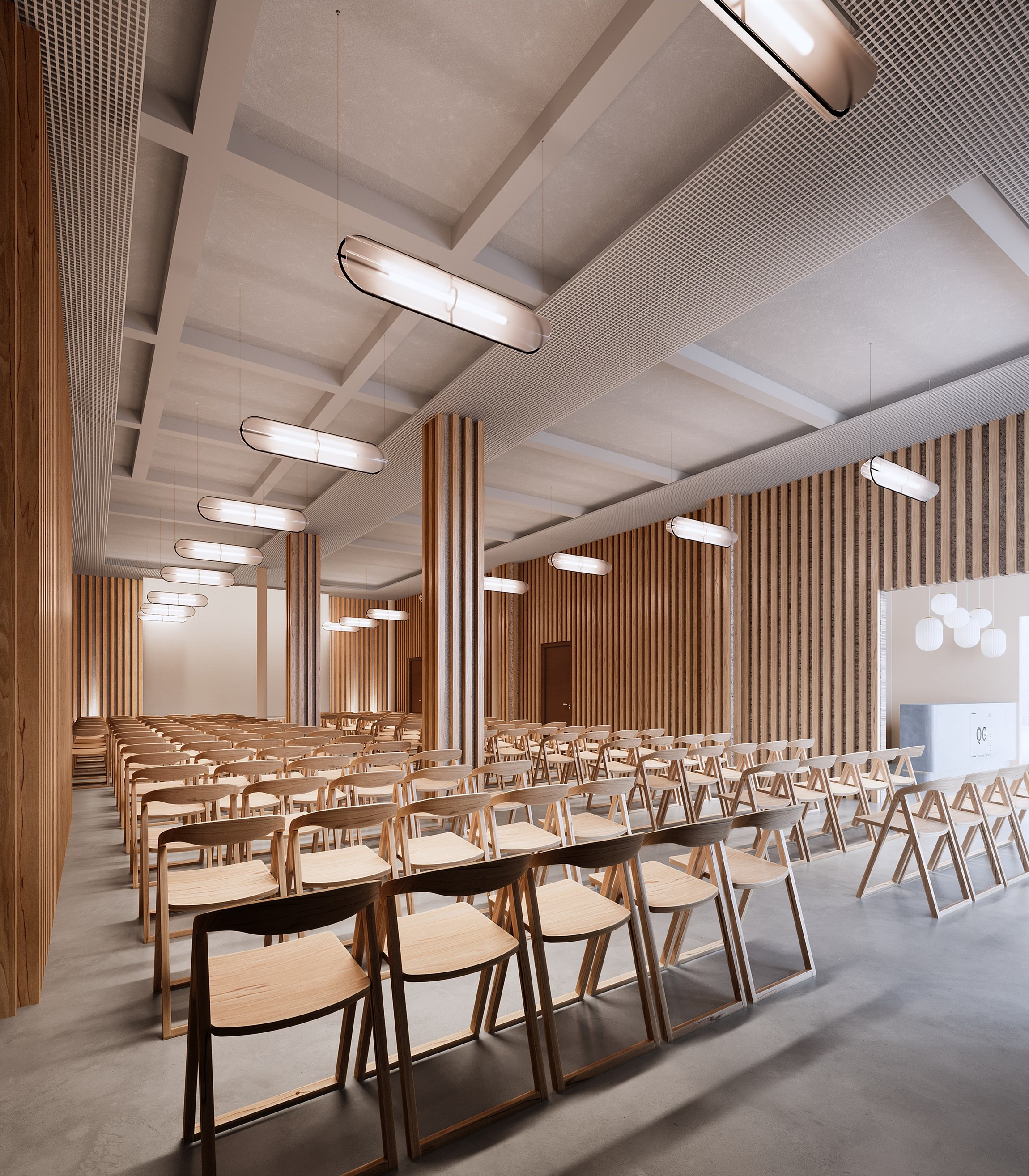 Perspective 3D de la salle de conférence d'un tiers-lieu co-working du 10e arrondissement de Paris, rue Lafayette