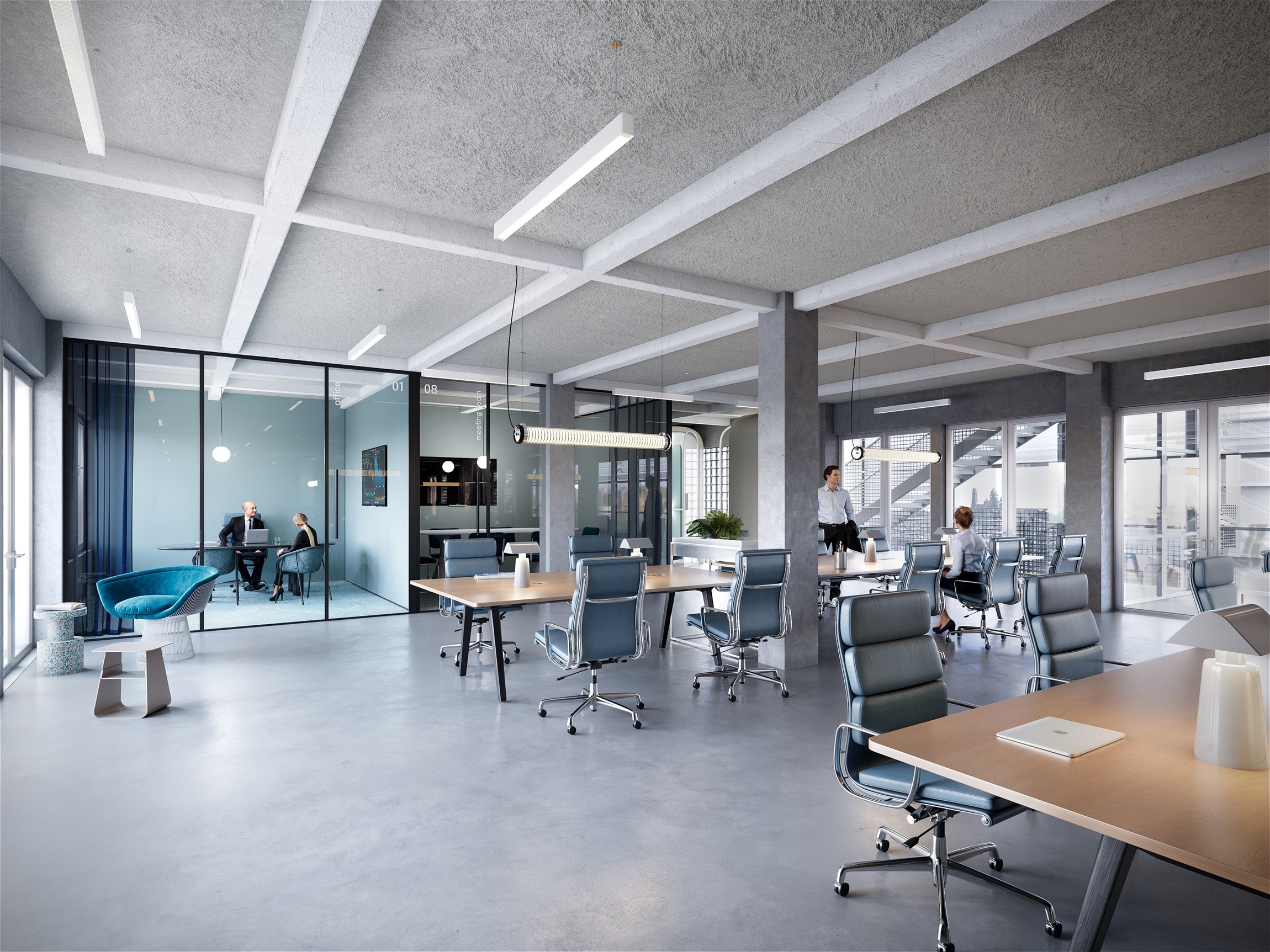 Perspective 3D de l'open-space d'un tiers-lieu co-working du 10e arrondissement de Paris, rue Lafayette