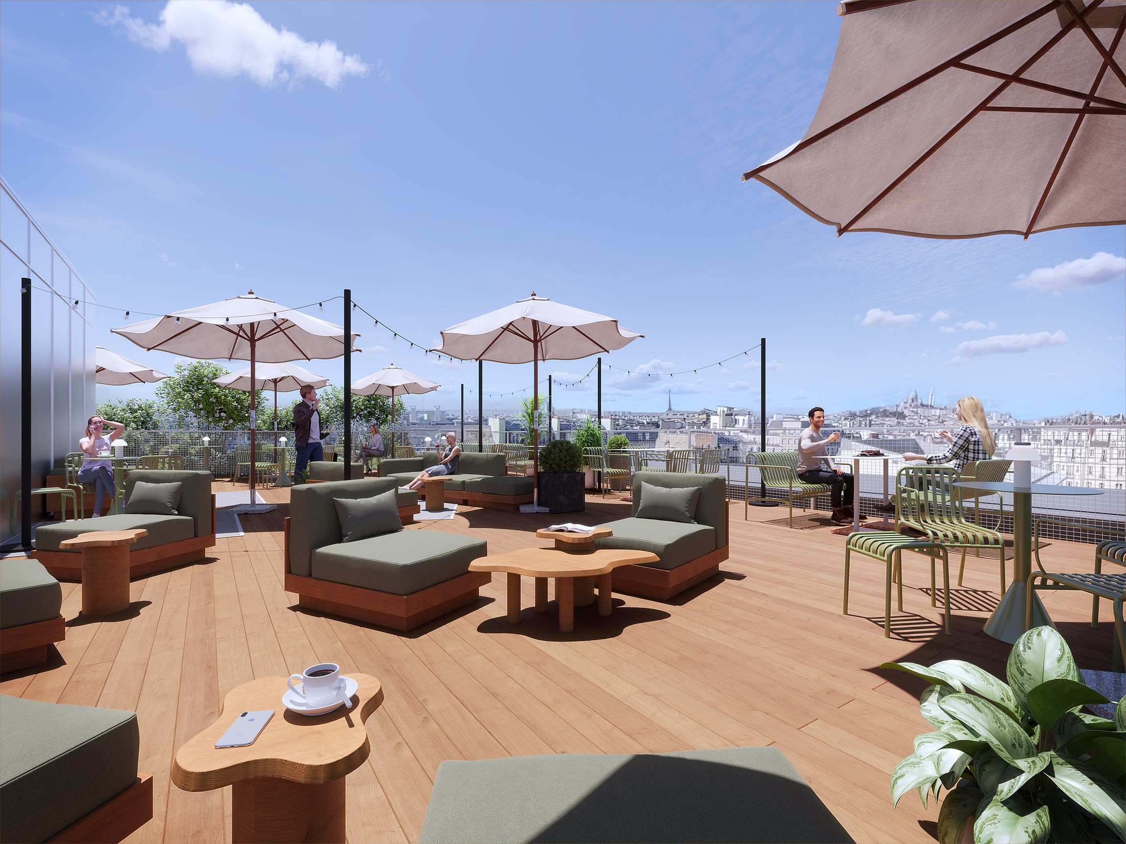 Perspective 3D du rooftop d'un co-working situé dans une le 10e arrondissement de Paris, dans un immeuble réhabilité de la rue Lafayette