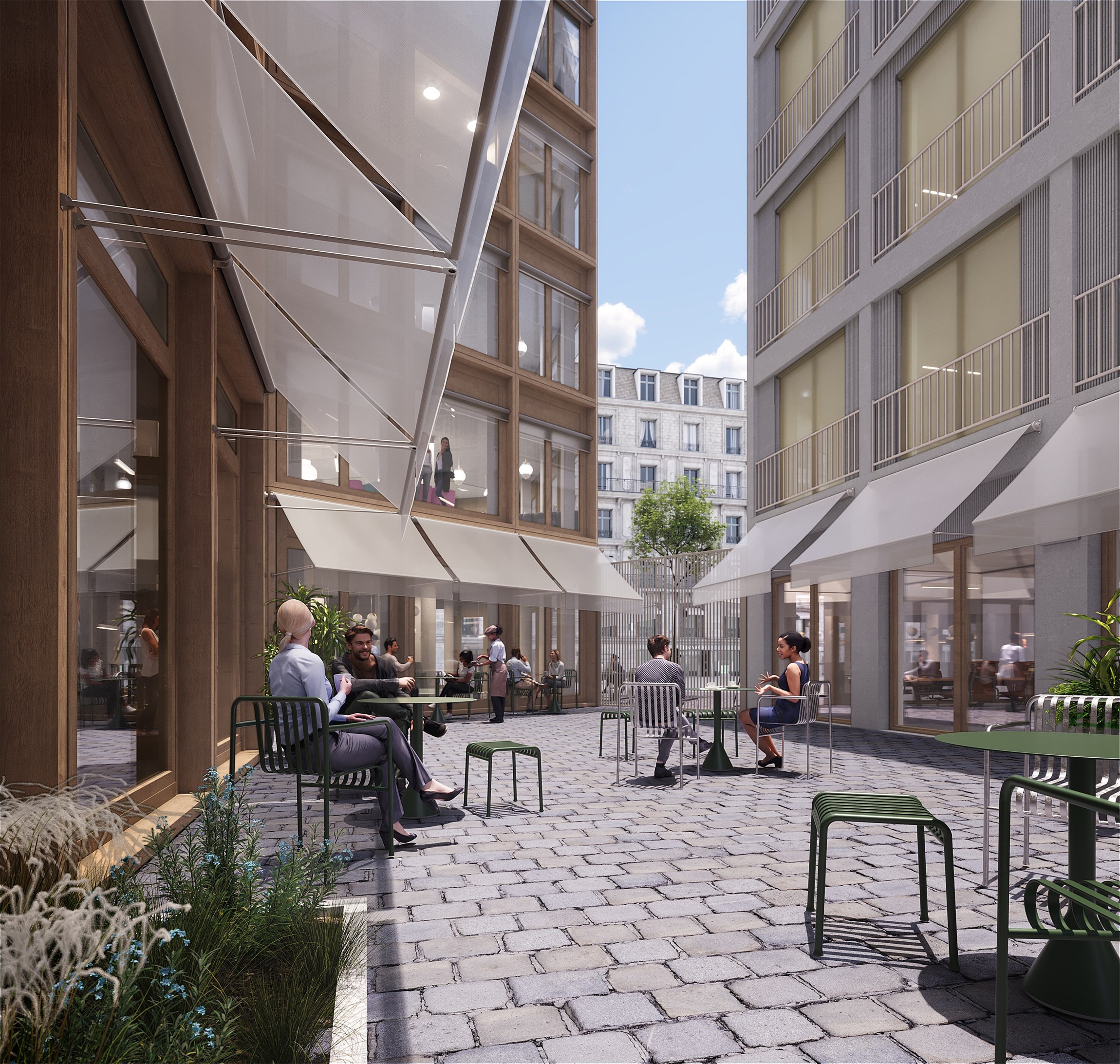 Perspective 3D de la terrasse d'un café situé dans une le 10e arrondissement de Paris, dans un immeuble réhabilité de la rue Lafayette