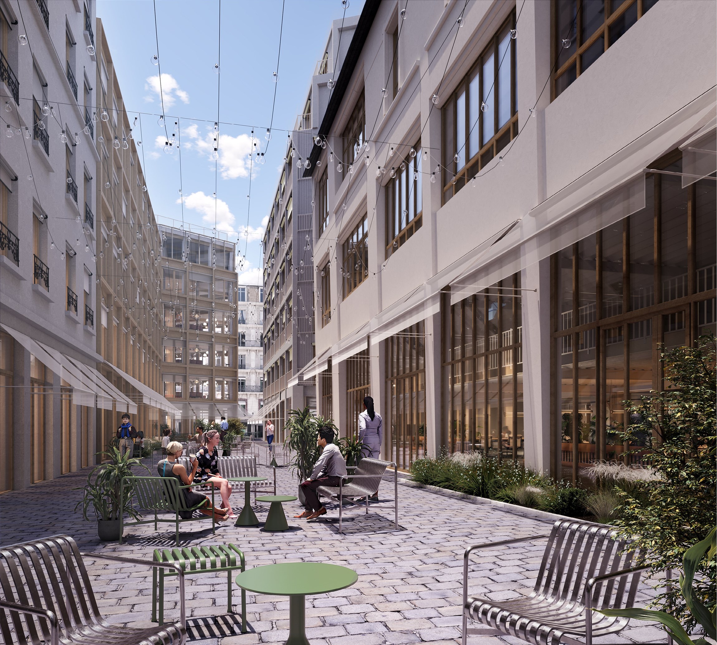 Perspective 3D de la terrasse d'un café co-working situé dans une le 10e arrondissement de Paris, dans un immeuble réhabilité de la rue Lafayette