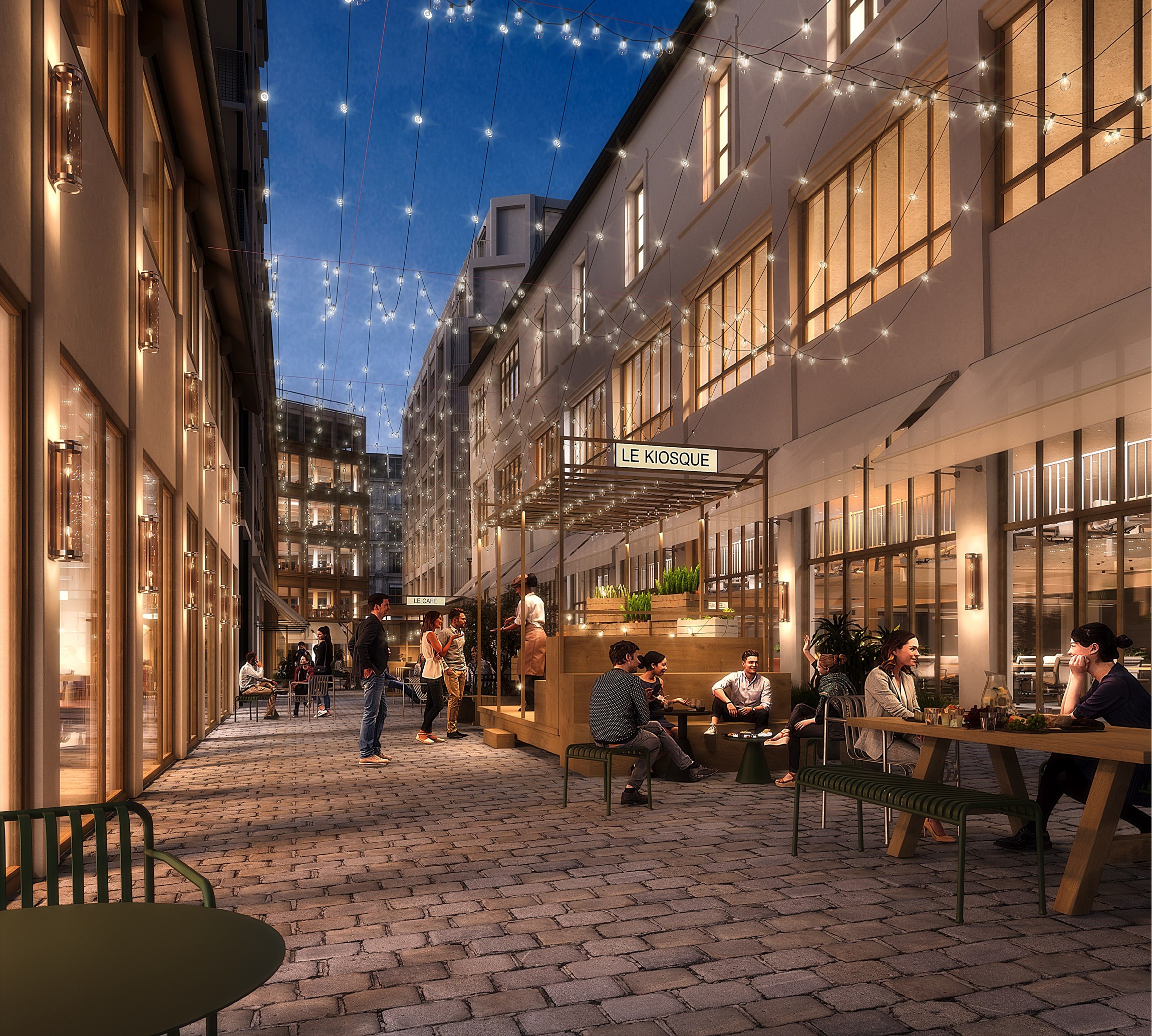 Perspective 3D de la terrasse du café sur ruelle, de nuit, d'un tiers-lieu situé dans une le 10e arrondissement de Paris, d'un immeuble réhabilité, rue Lafayette