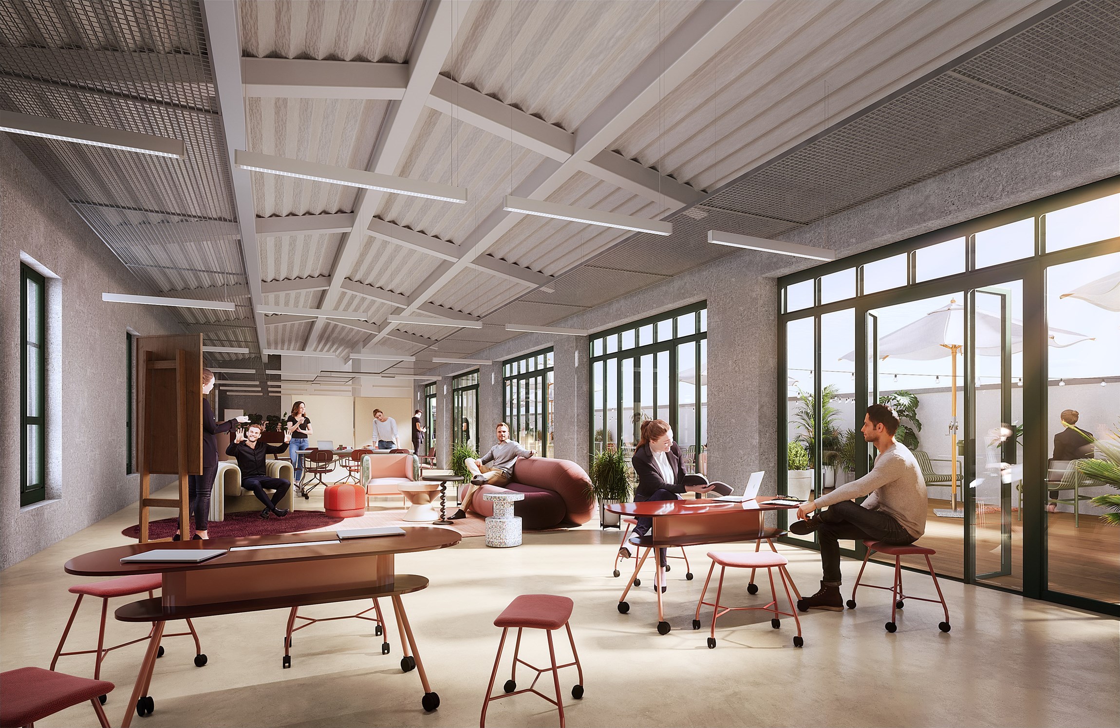 Perspective 3D de la salle de créativité d'un tiers-lieu co-working du 10e arrondissement de Paris, rue Lafayette