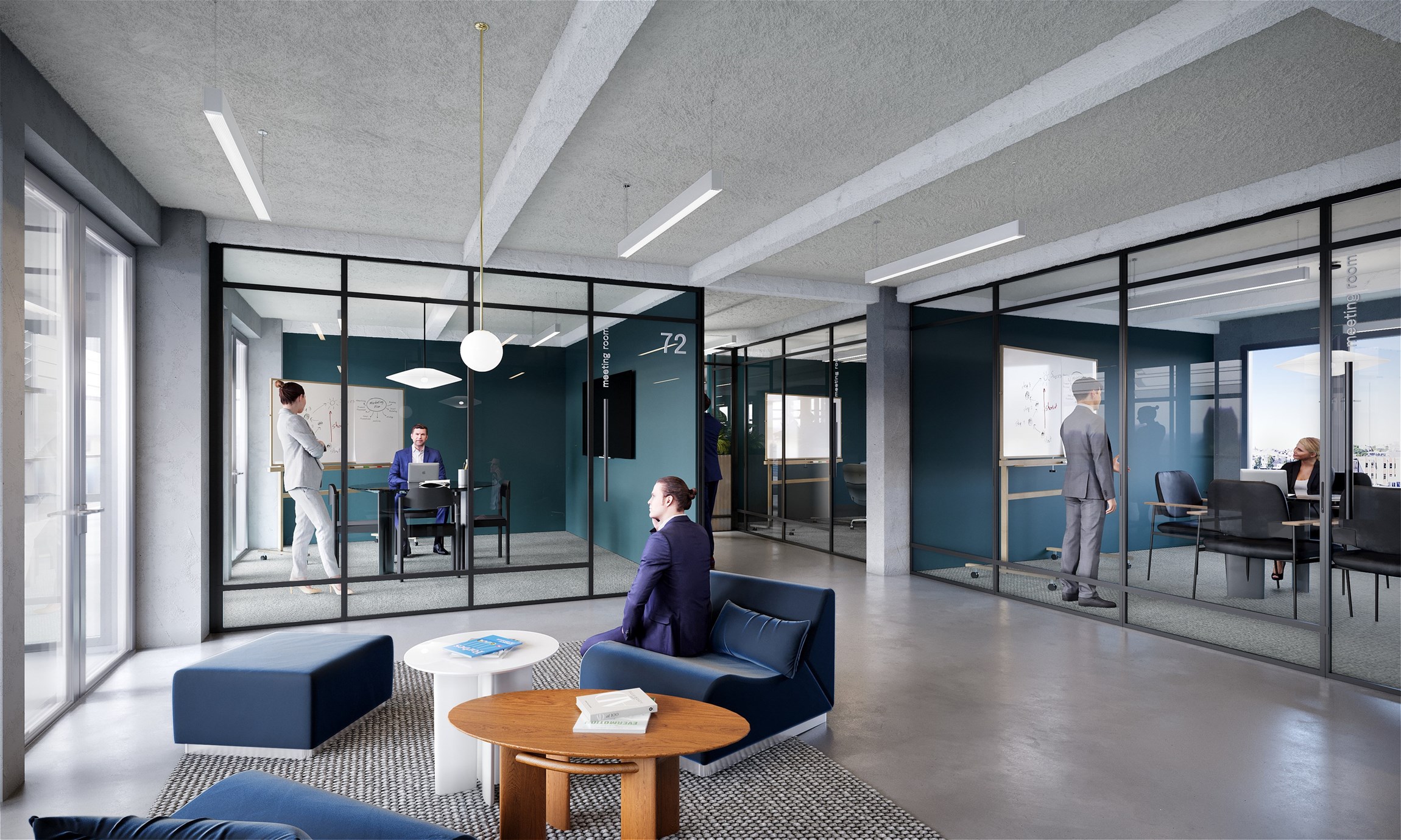 Perspective 3D d'une salle de réunion d'un tiers-lieu co-working du 10e arrondissement de Paris, rue Lafayette