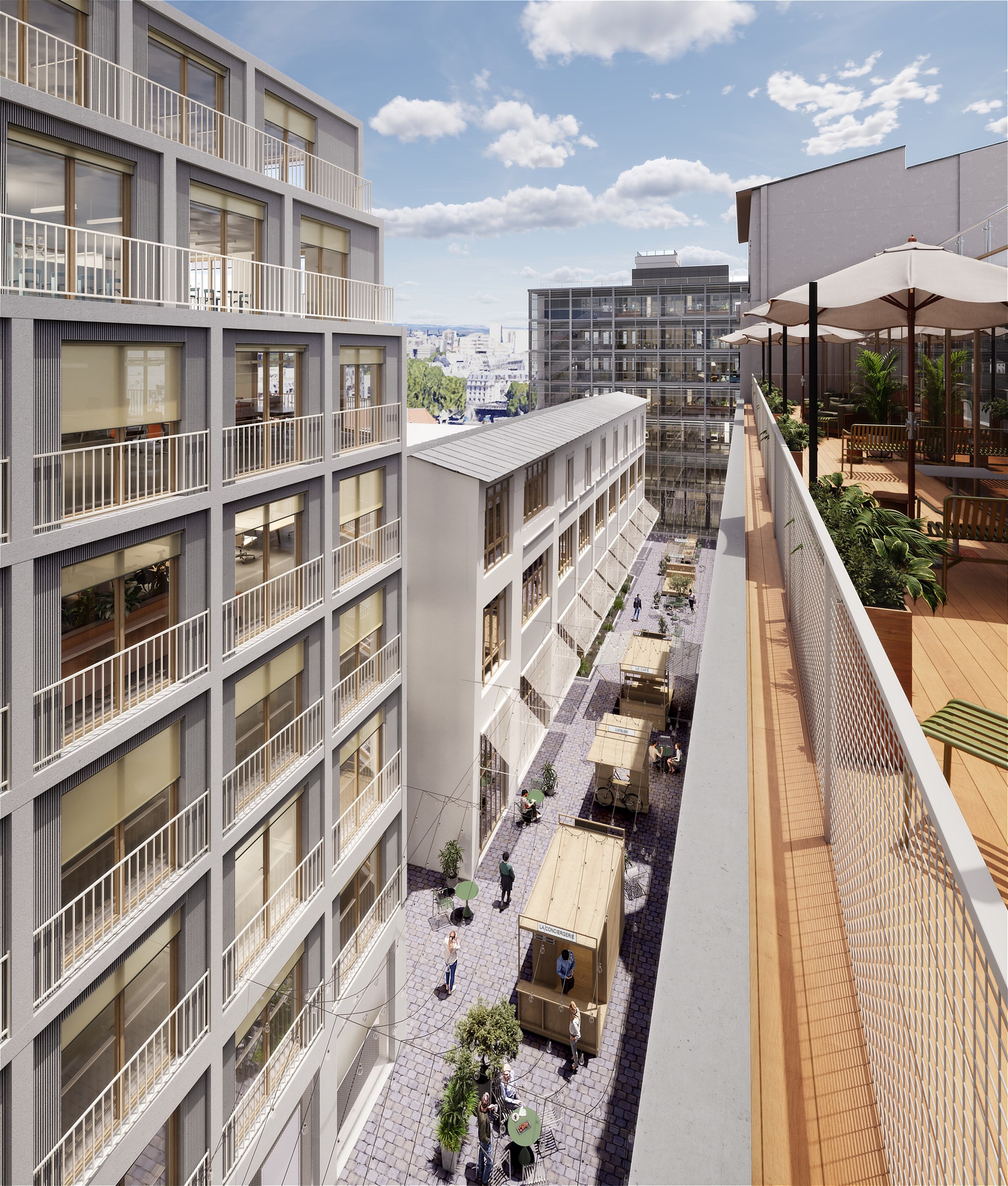 Perspective 3D de la terrasse - rooftop d'un co-working situé dans une le 10e arrondissement de Paris, dans un immeuble réhabilité de la rue Lafayette