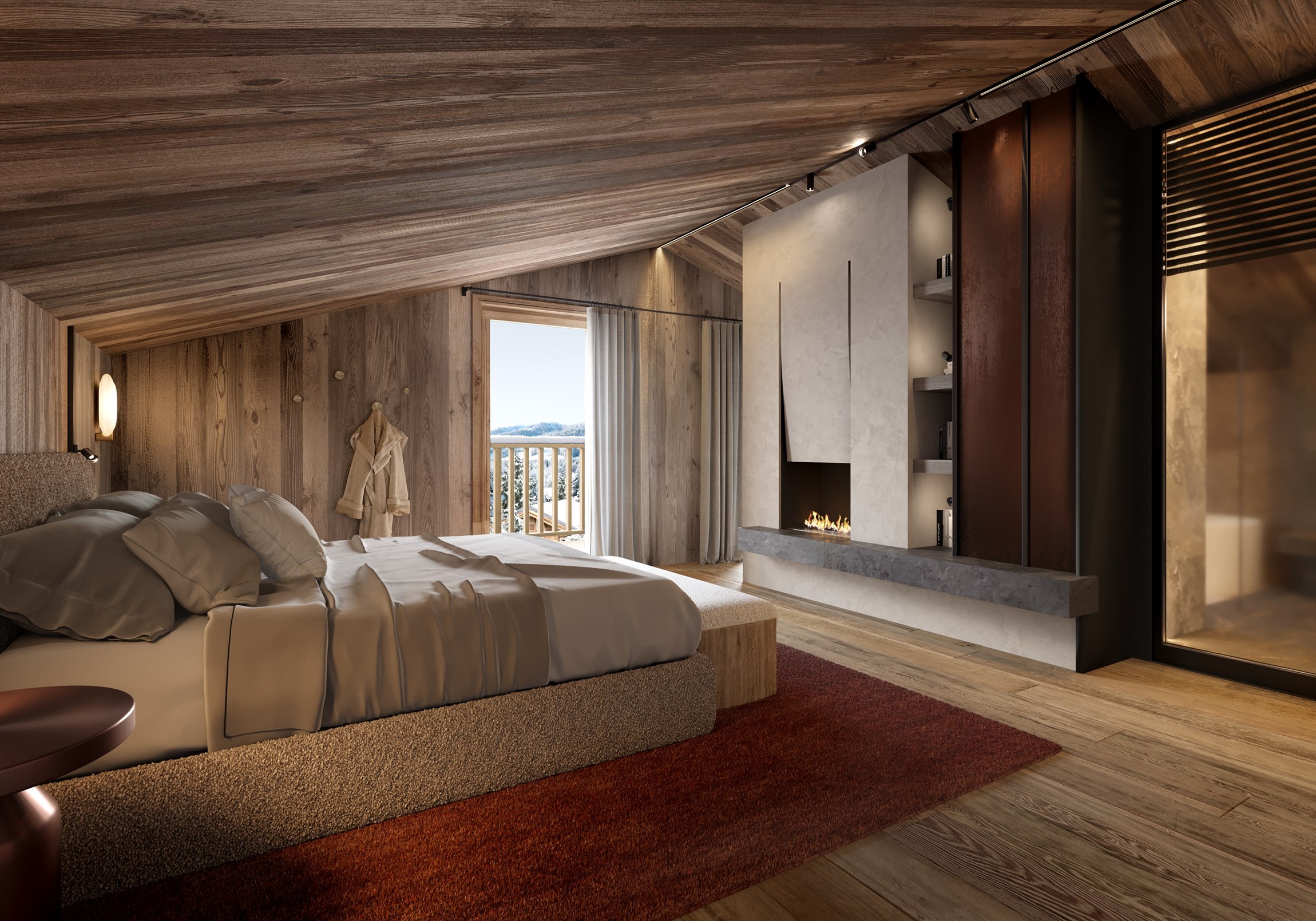Perspective 3d réaliste d'une suite master d'un appartement d'exception à Megève