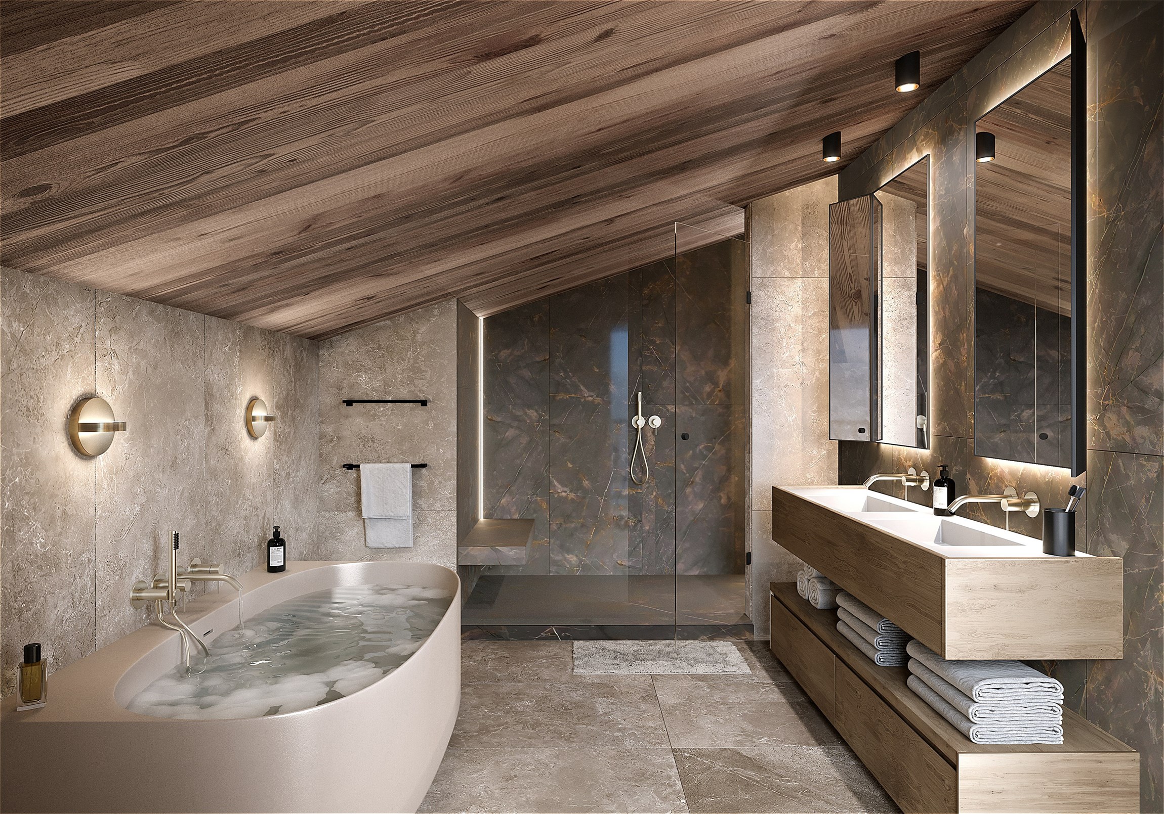 Perspective 3d réaliste d'une salle de bain master d'un appartement d'exception à Megève