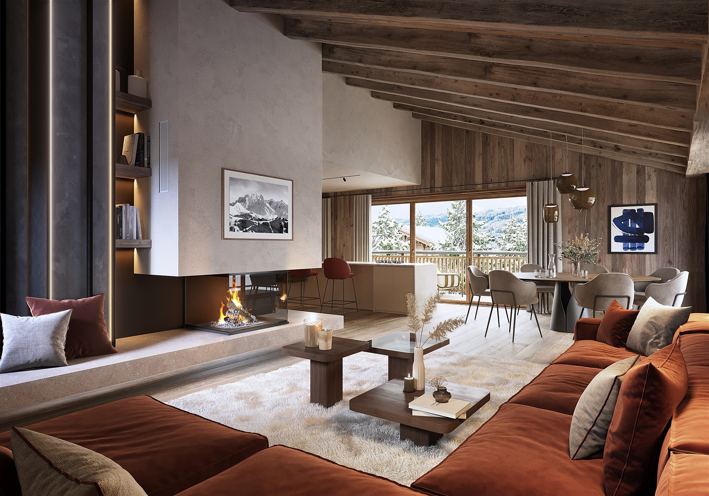 Perspective 3d réaliste du salon contemporain d'un appartement d'exception à Megève